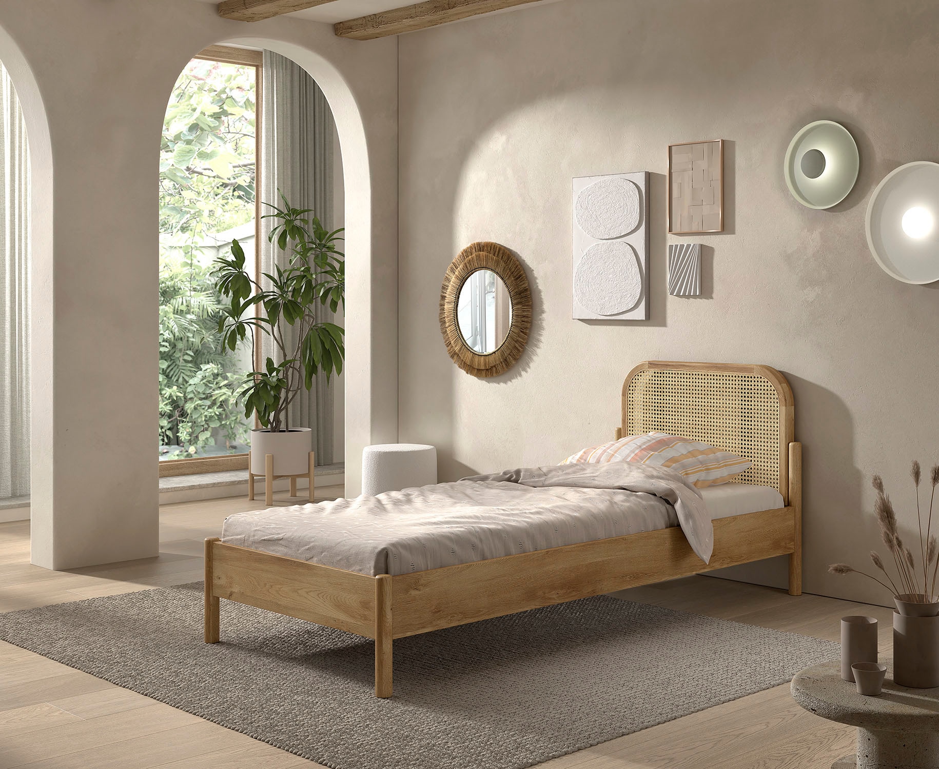 Home affaire Einzelbett »mit massiven Bettpfosten und furnierten Bettseiten«, 90/200 inkl. Lattenrost und trendigem Rattankopfteil