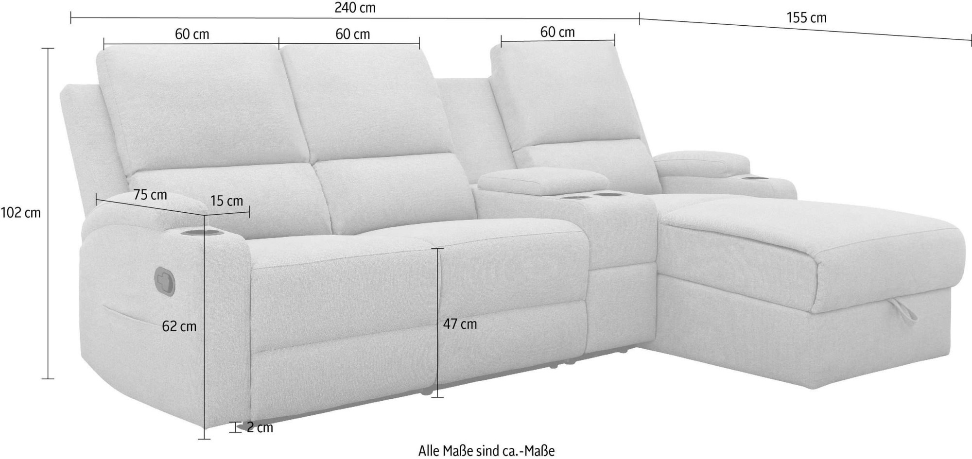 Home affaire Ecksofa »NAPORI Multimediasofa, 3er Kinosessel XXL, L-Form, Cord«, Kinosofa mit Relaxfunktion, Getränkehalter, Staufach und Staukasten