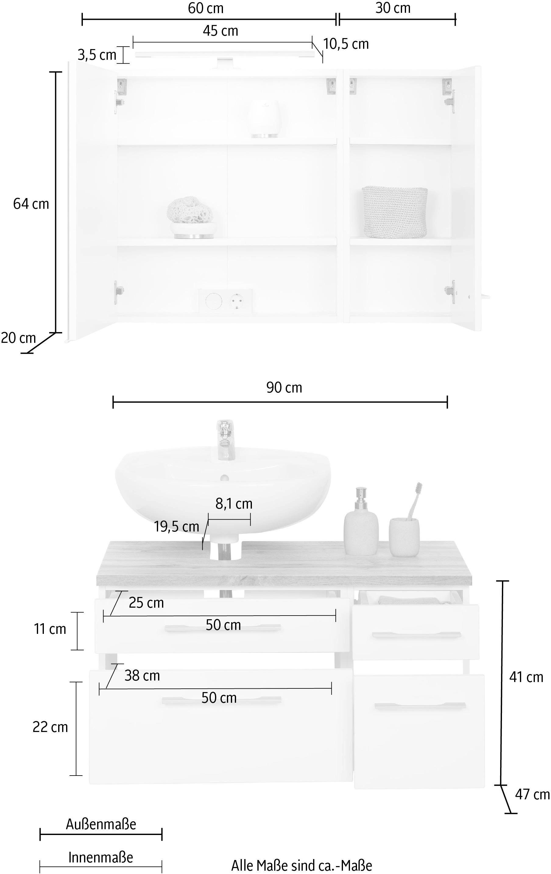 HELD MÖBEL Badmöbel-Set »Davos«, (3 und Waschbeckenunterschrank kaufen mit Hängeschrank St.), LED-Beleuchtung, bei OTTO