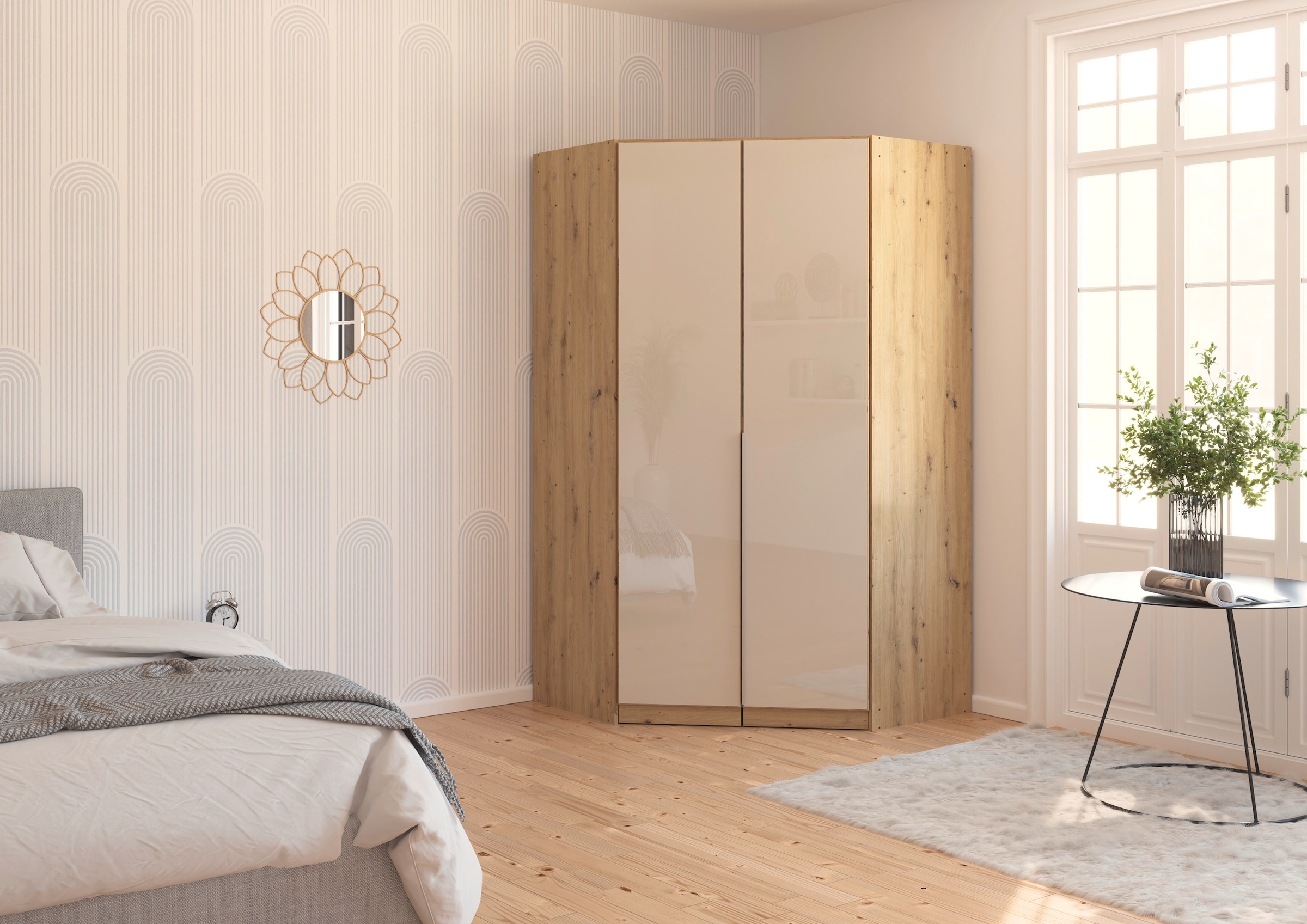 OTTO home Eckkleiderschrank »Kleiderschrank Schrank Ankleidezimmer Schlafzimmer Garderobe AGORDO« in zwei Griff-Farben, Breite/Tiefe 117x117 cm, Höhen 210/229 cm,  mit Glastüren, voll ausgestattet mit viel Stauraum MADE IN GERMANY