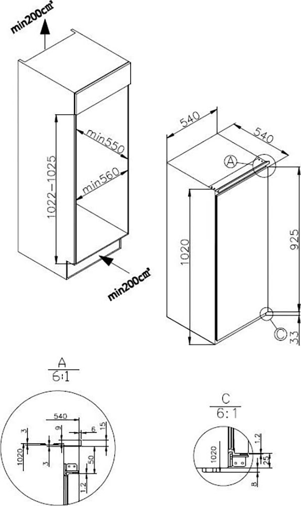 Amica Einbaukühlschrank »EKSS 361 215«, EKSS 361 215, 102 cm hoch, 54 cm breit