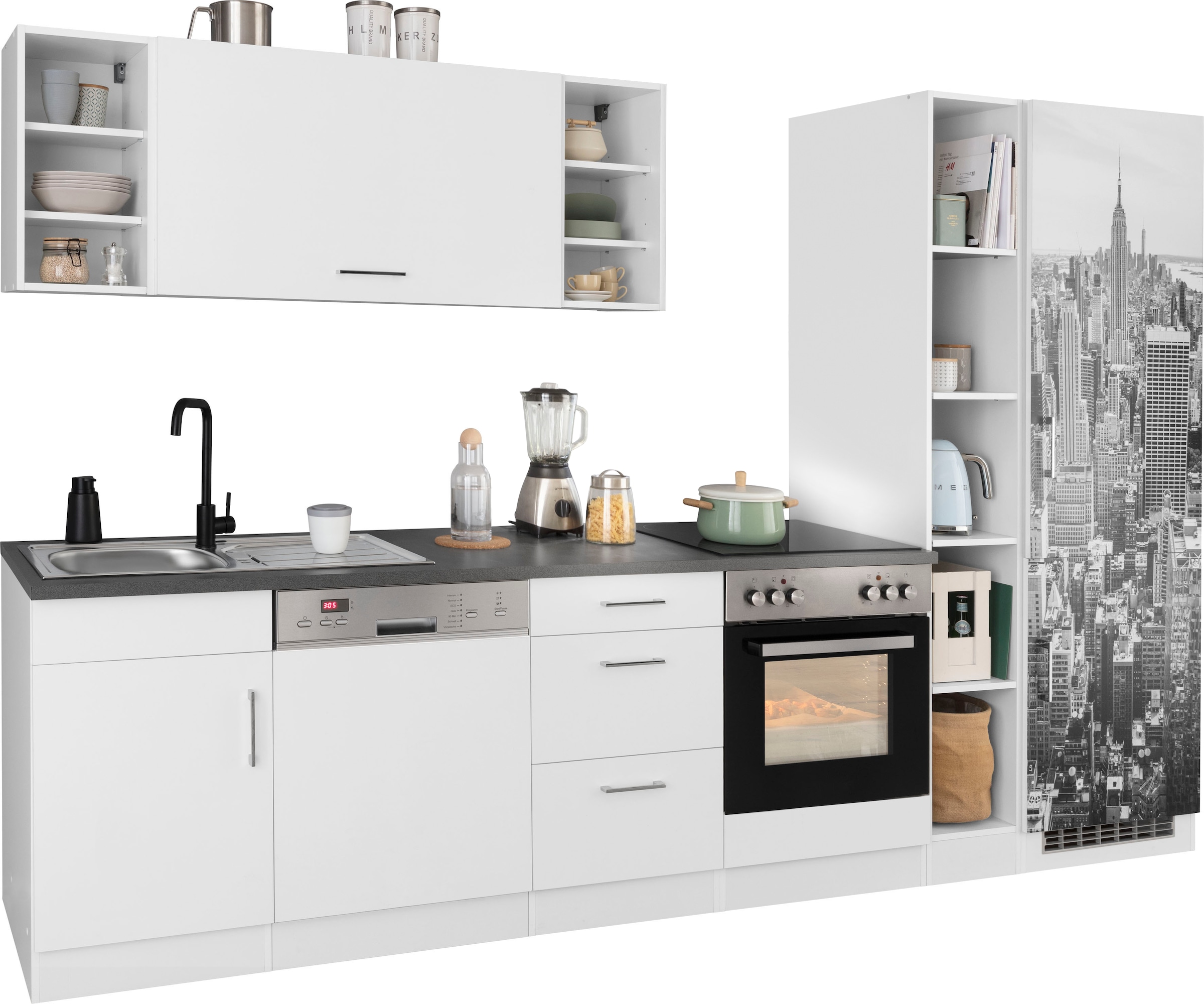 KOCHSTATION Küchenzeile »KS-Paris – Küchen mit einzigartigen Fotomotiven auf den Fronten« Breite 310 cm, wahlweise mit E-Geräten, mit Motivdruck