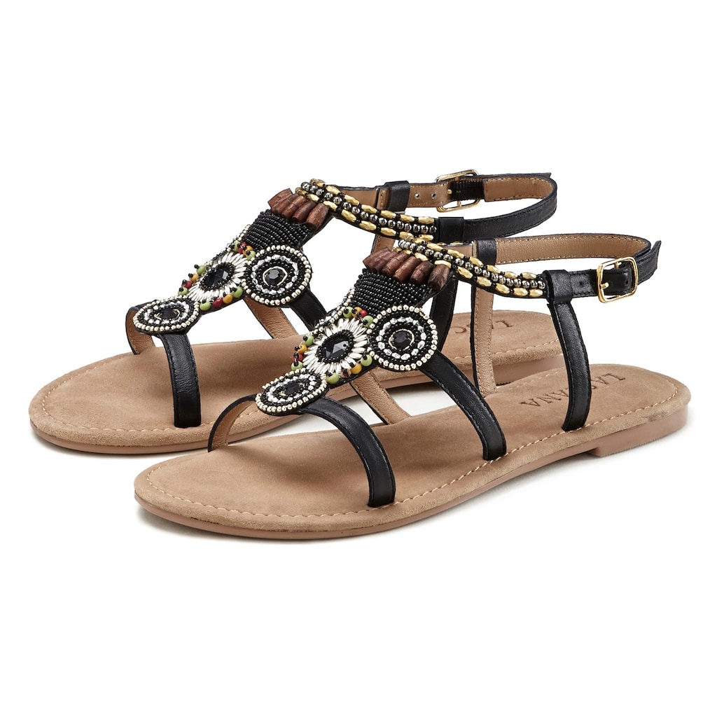 LASCANA Sandale, Sandalette, Sommerschuh aus Leder mit Steinchen in Glitzer-Optik