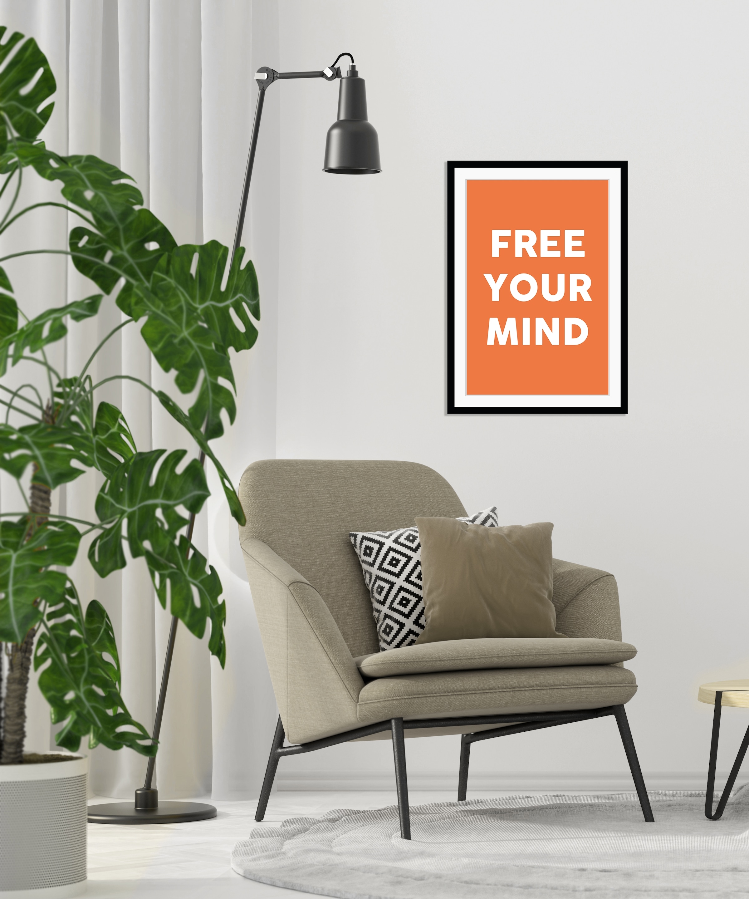 queence Bild »FREE YOUR MIND«, Sprüche & Texte-Motivationsbilder-Schriftzug, HD Premium Poster-Druck inkl. Holzrahmen