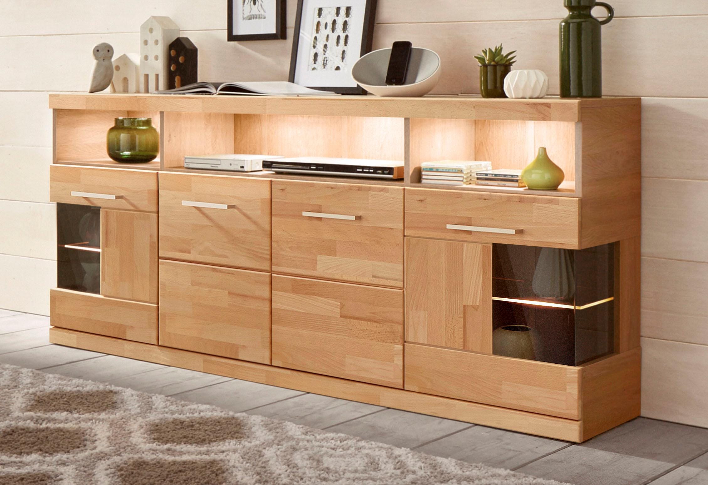 Home affaire Sideboard »Ribe,180cm breit,Fronten Masivholz,9 Fächer,4 Türen«, Holz massiv, Holzwerkstoff, Metall Griffe,2Türen mit Glaseinsatz