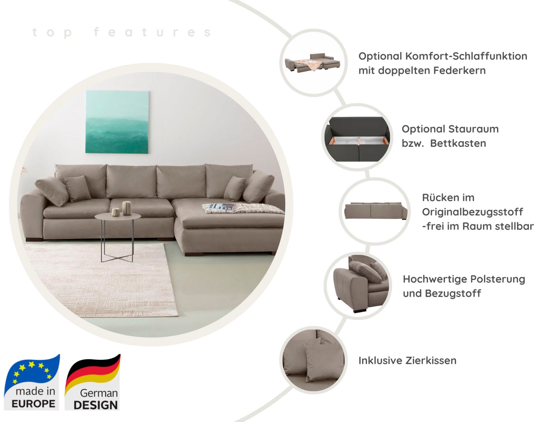 Home affaire Ecksofa »Cara Mia L-Form, B: 325 cm, XXL-Sofa mit 4 Zierkissen« mit Schlaffunktion & Bettkasten, Liegefl. 145x270 cm