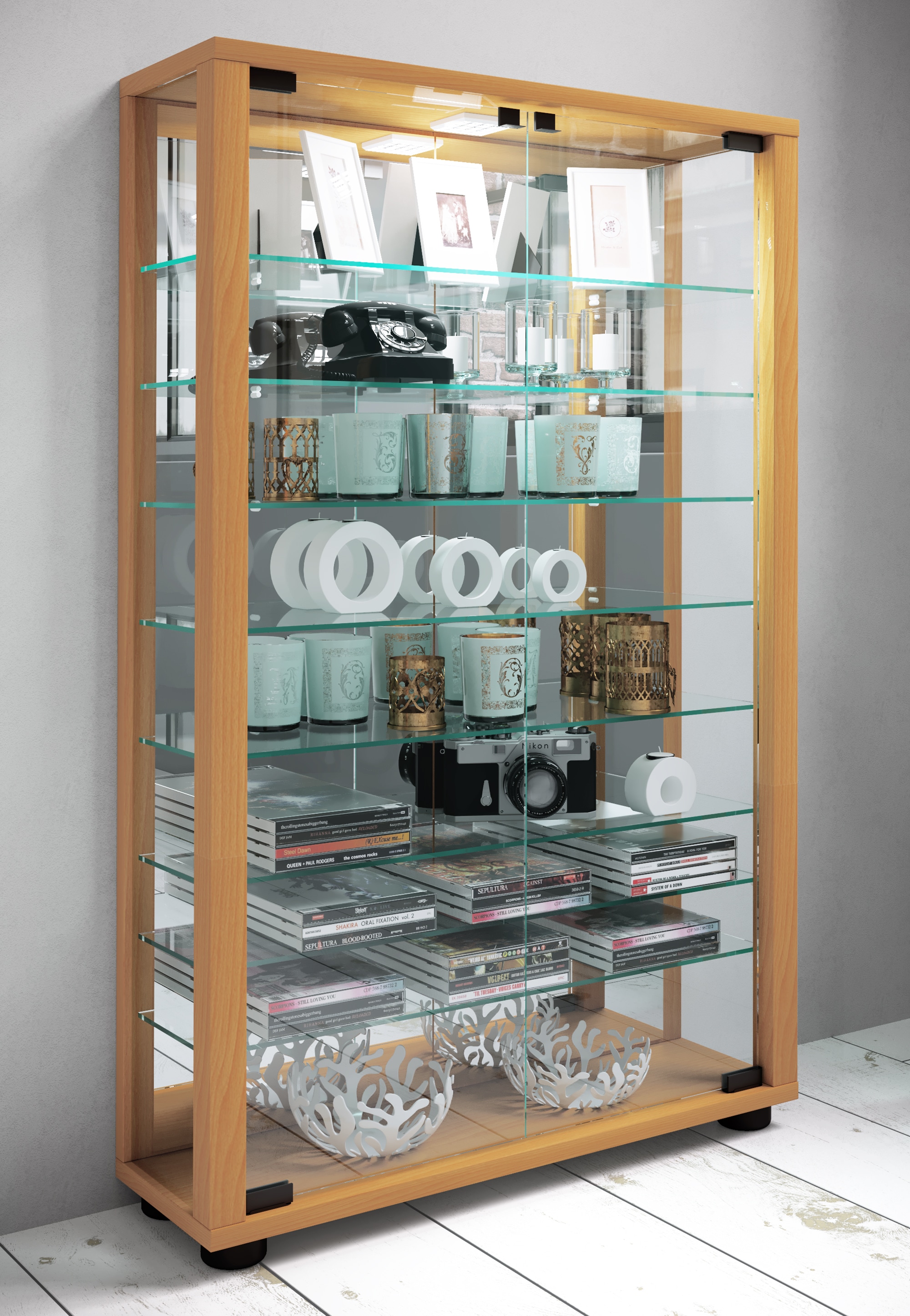 VCM Vitrine »VCM Glasvitrine stehend | Vitrine Glas mit ESG-Sicherheitsglas | Maße ca.H. 91 x B. 59 x T. 18 cm | Standvitrine Glas | Modern und platzsparend | Glas Vitrinenschrank ¿ Lumo Mini Spiegel«, (1 St.)