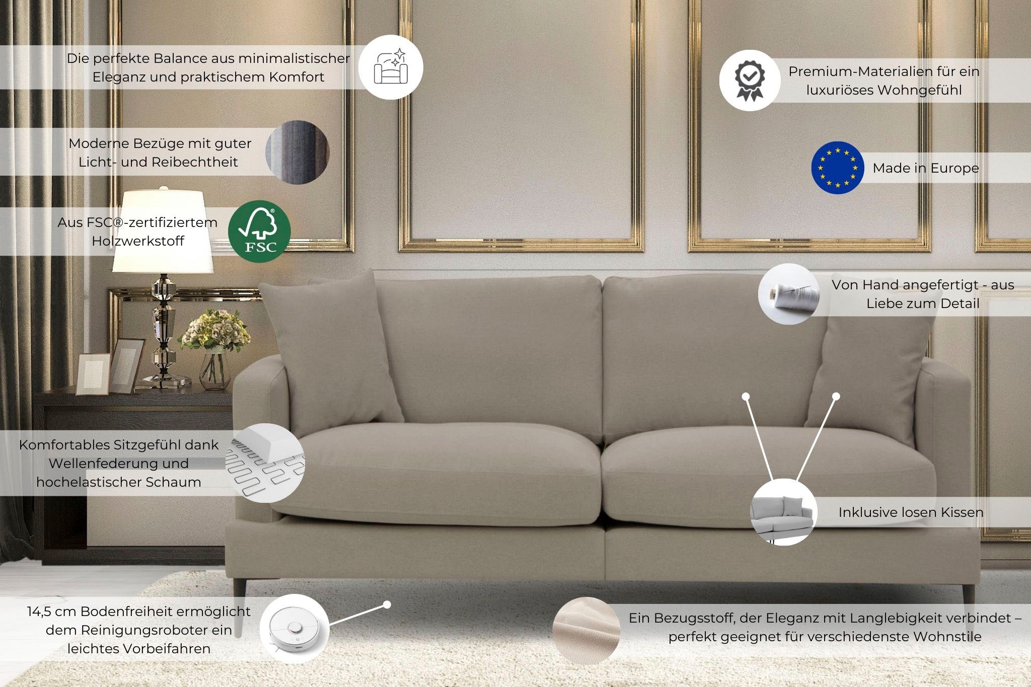 Leonique 2-Sitzer »Cozy elegantes Designsofa, Maße B/T/H: 151/97/80 cm« mit losen Kissen und Metallbeinen