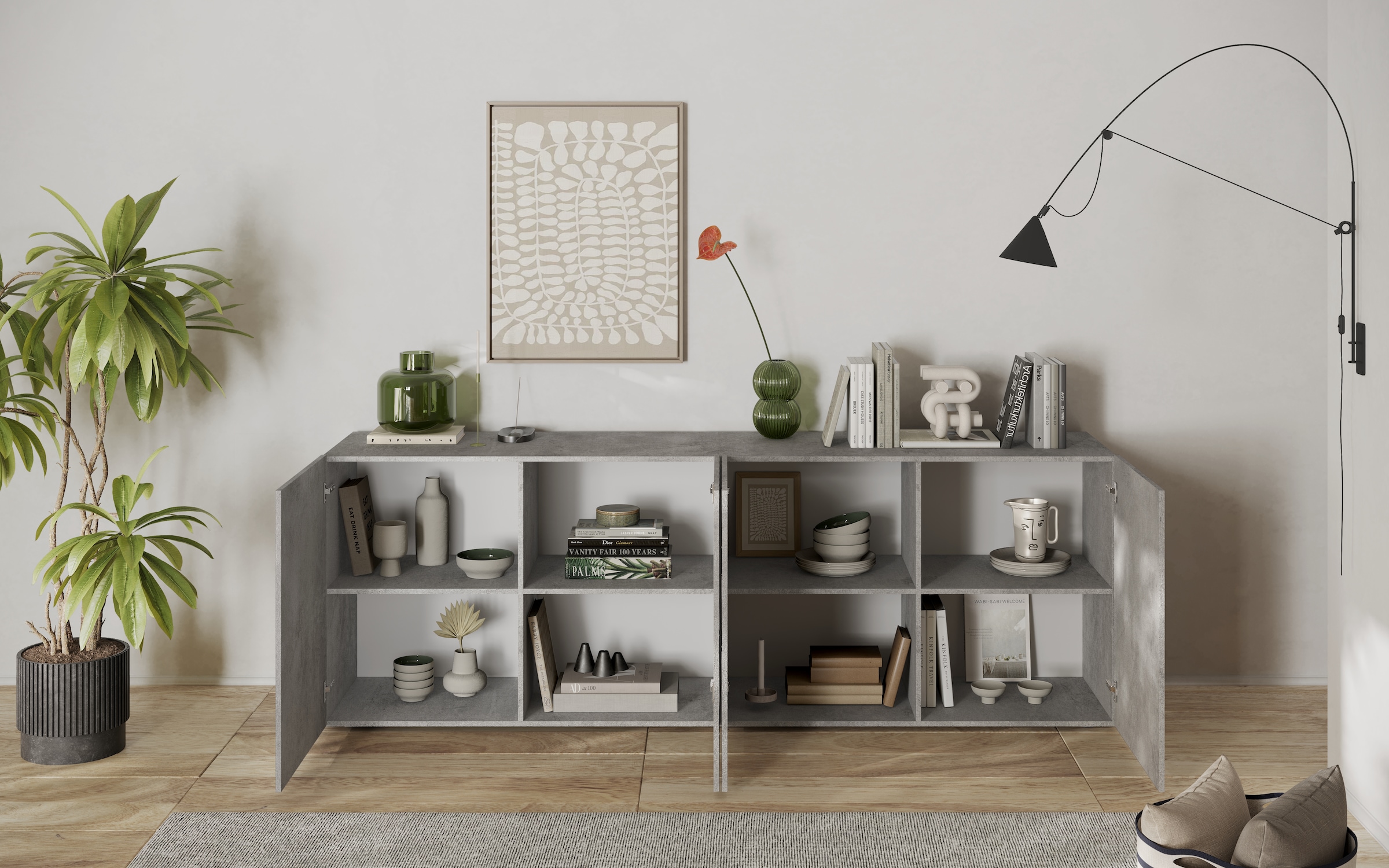 INOSIGN Sideboard »Snake, Kommode, Anrichte, Stauraummöbel Breite 241 cm, Siebdruck-Front« moderne Wohnmöbel, 4 Türen, viel Stauraum, stilvoll und funktional