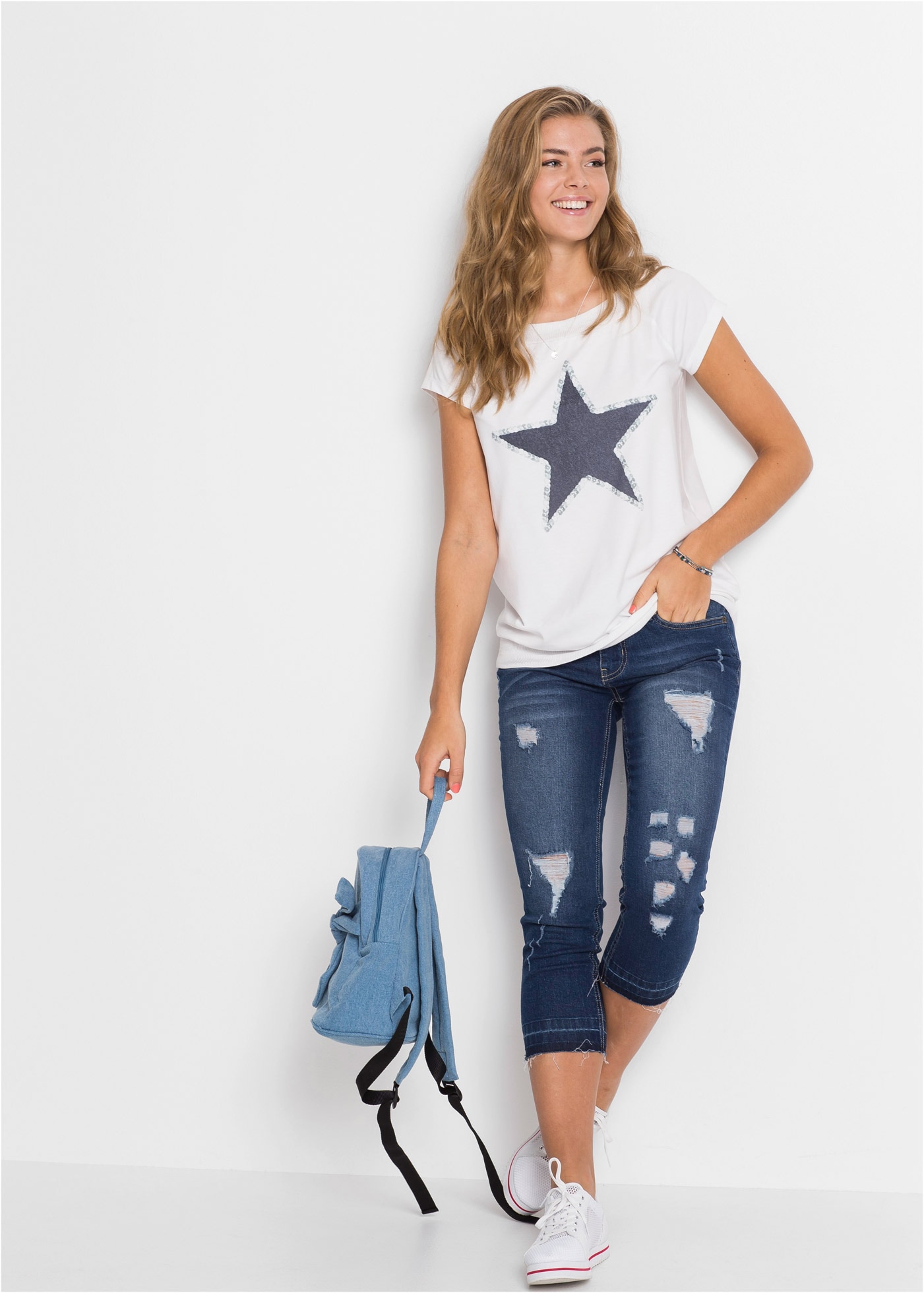 bonprix T-Shirt bequeme Passform, U-Boot-Ausschnitt, Rippbündchen