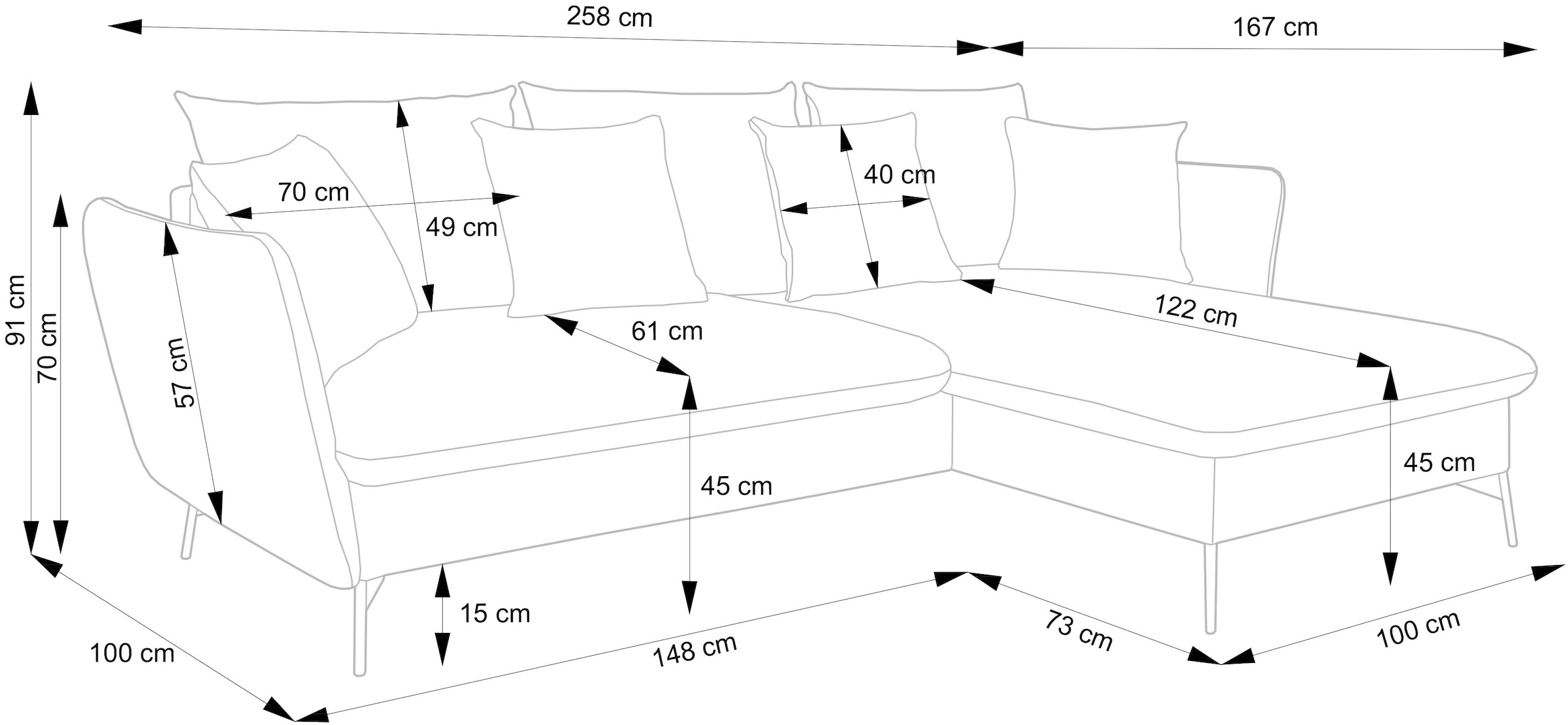 andas Ecksofa »LIVORNO,258 cm, L-Form,«, Schlaffunktion u. Bettkasten (139/224cm), Samt, Struktur, Webstoff