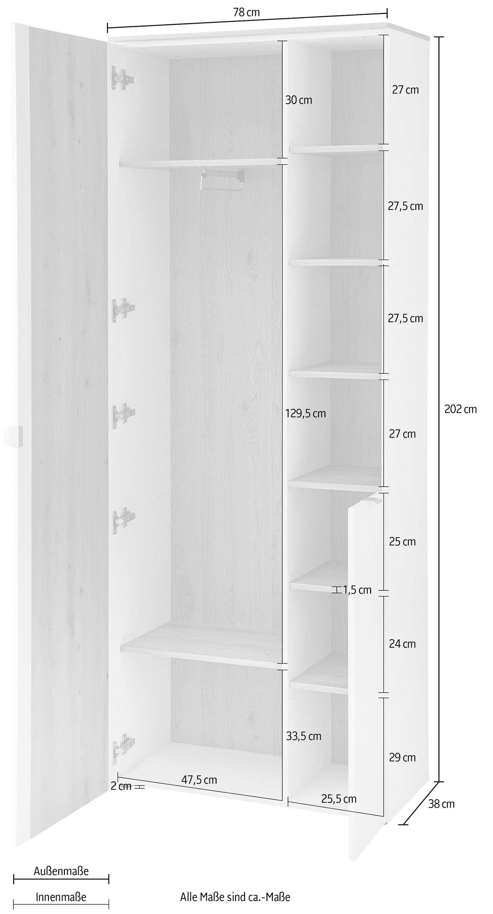 Innostyle Garderobenschrank »BARI Garderobenschrank mit Spiegel, BxHxT 78x202x38 cm«, (1 St.), 2 türig, 10 Fächer, Softclose, ABS Kantenschutz, Kleiderstange