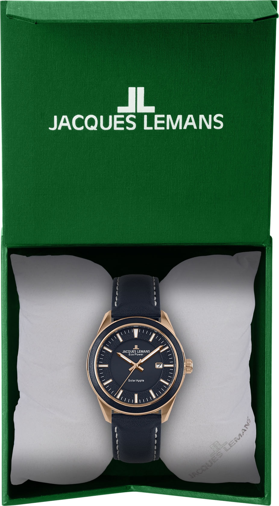 Jacques Lemans Solaruhr »Eco Power Solar Apple, 1-2116C«, Armbanduhr, Herrenuhr, Datum, Leuchtzeiger, gehärtetes Crystexglas