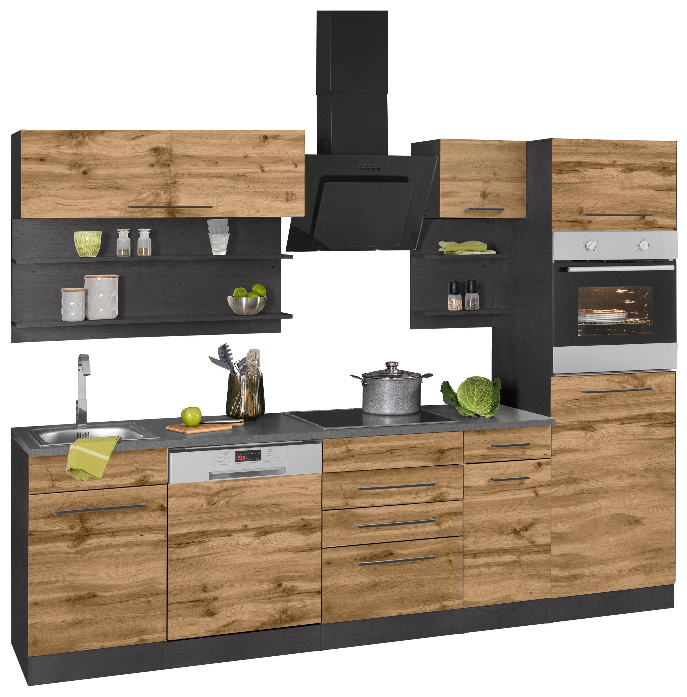 KOCHSTATION Küchenzeile »KS-Tulsa« ohne E-Geräte, Breite 270 cm, schwarze Metallgriffe, MDF Fronten