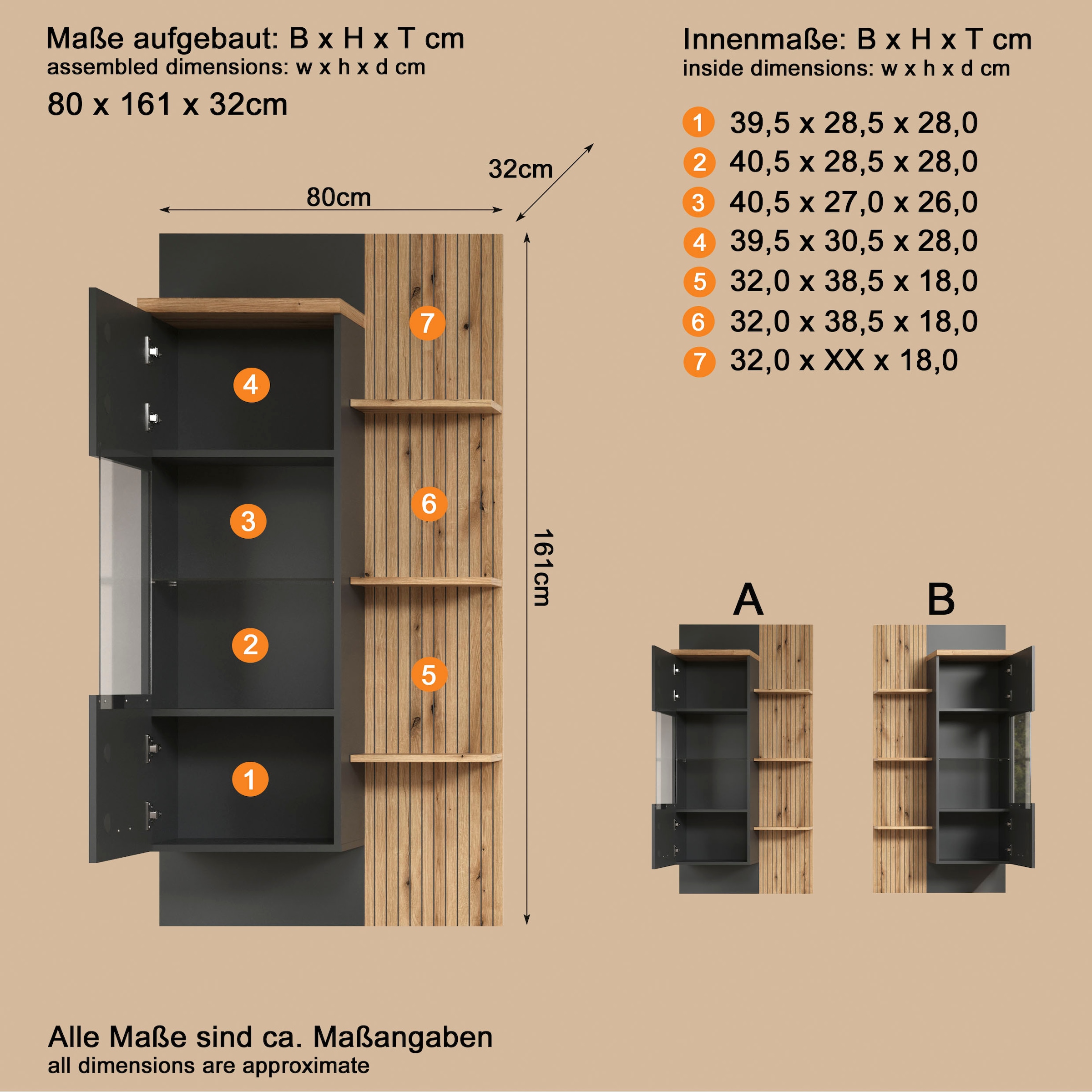 Home affaire Hängevitrine »Bajo« 1 Stk. tlg. Hängeschrank mit 1 Tür & 1 Glasboden – (B/T/H) 80/32/161 cm