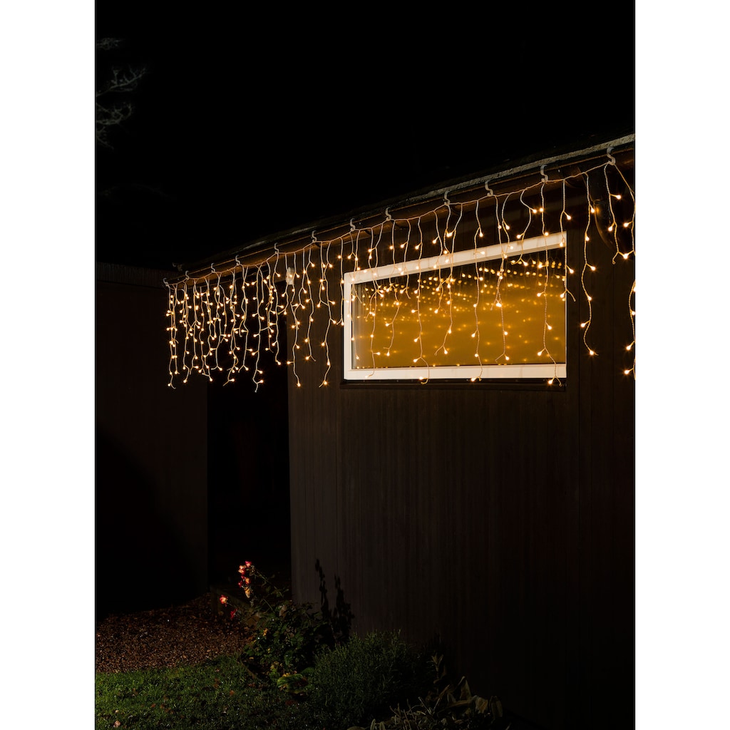 KONSTSMIDE LED-Lichtervorhang »Weihnachtsdeko aussen«, 200 St.-flammig, LED Eisregen mit weißen Globes, 200 bernsteinfarbene Diode