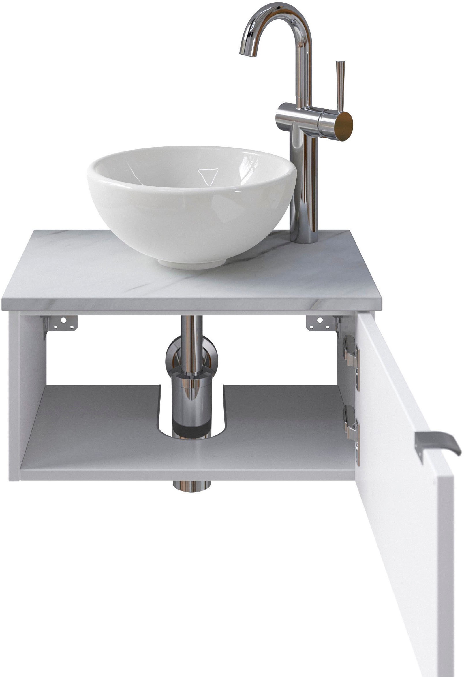 Saphir Waschtisch »Serie 6915 Waschschale mit Unterschrank für Gästebad, Gäste WC« Keramik-Aufsatzbecken, Waschtischplatte, Waschtischunterschrank, 3 Stk. tlg. 51 cm breit, 1 Tür, Waschtischplatte, kleine Bäder, ohne Armatur