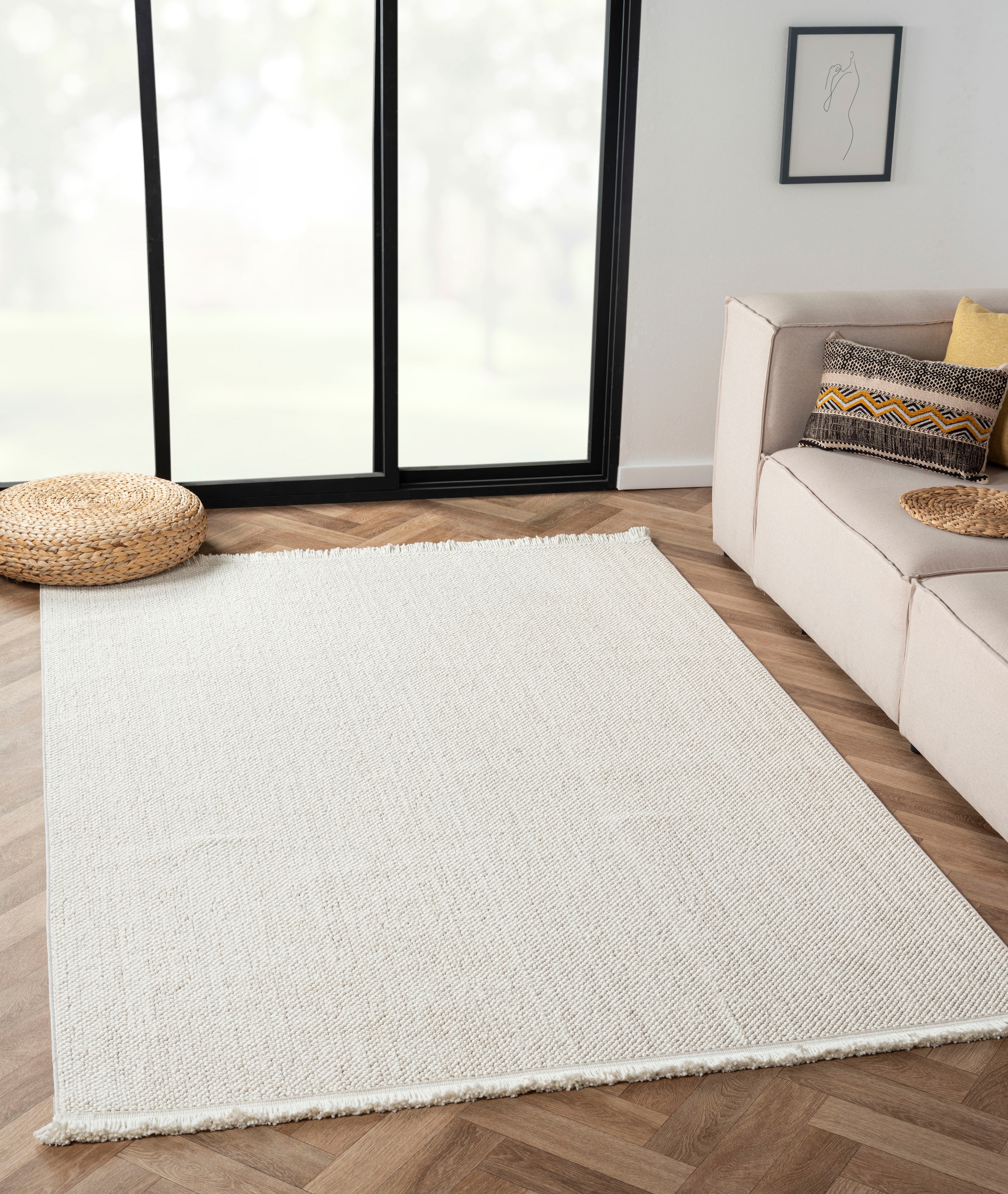 Myflair Möbel & Accessoires Teppich »Ava« rechteckig 7 mm Höhe Uni Farben, meliert, Sisal-Optik, auch in rund erhältlich, mit Fransen
