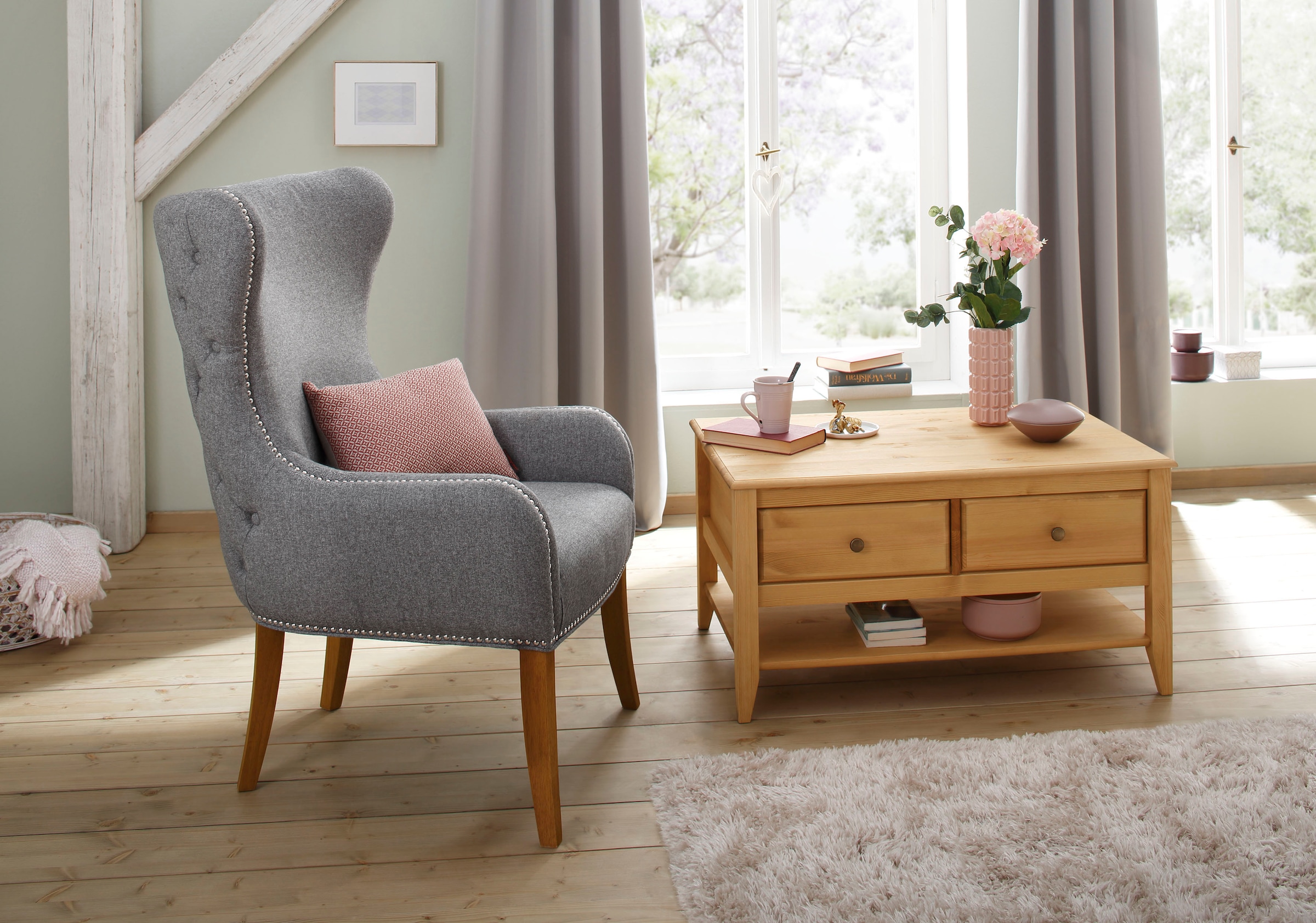 OTTO home Couchtisch »Leonis« Breite 89 cm, mit Schubladen und Ablageboden, massiver Kiefer,  FSC®