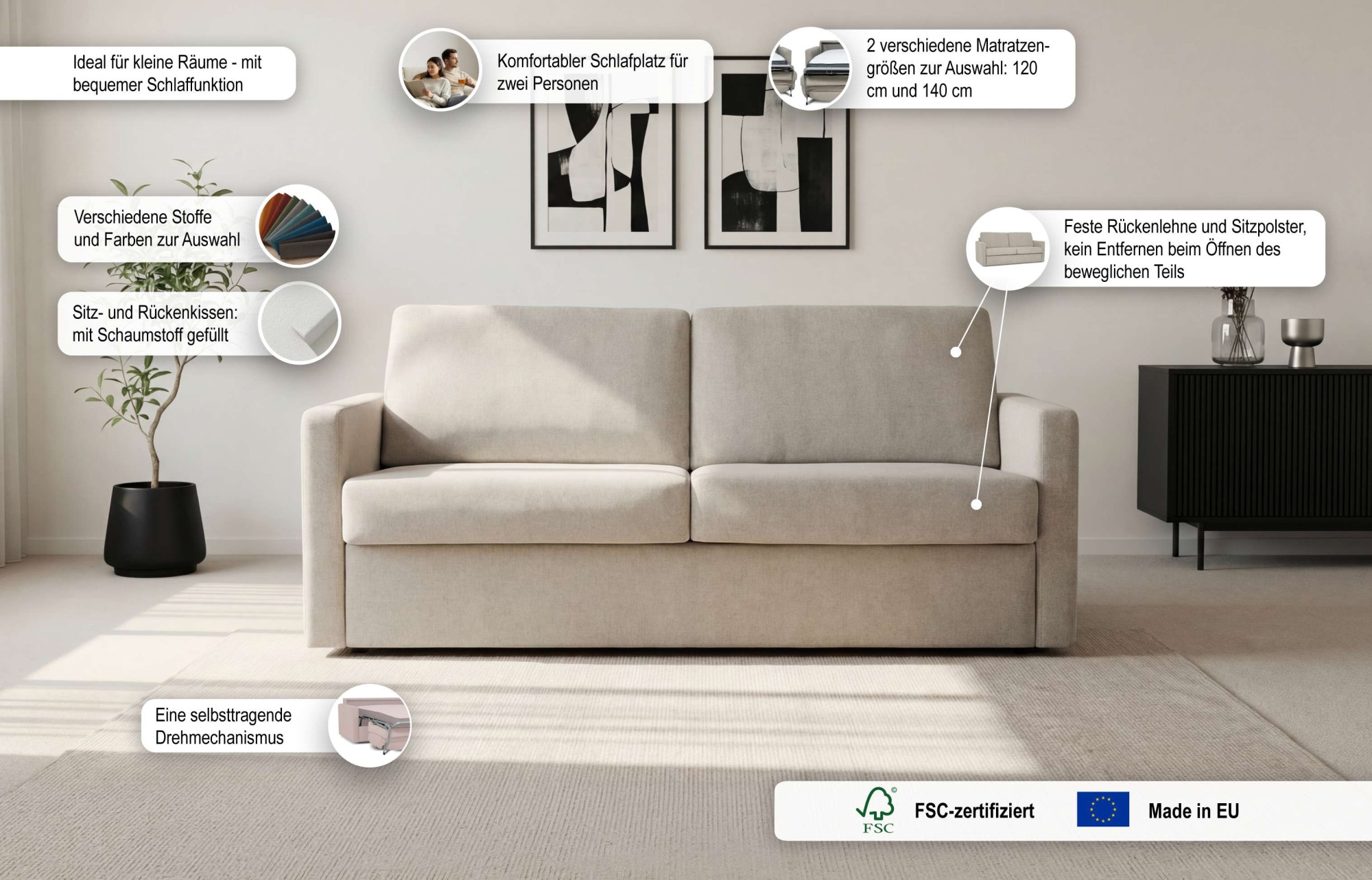 OTTO home Schlafsofa »GOLDPOINT 182cm,  Dauerschläfer, Liegefläche 140/200 cm« 3-Sitzer mit Dauerschläfer-Funktion, Bonell-Federkernmatratze