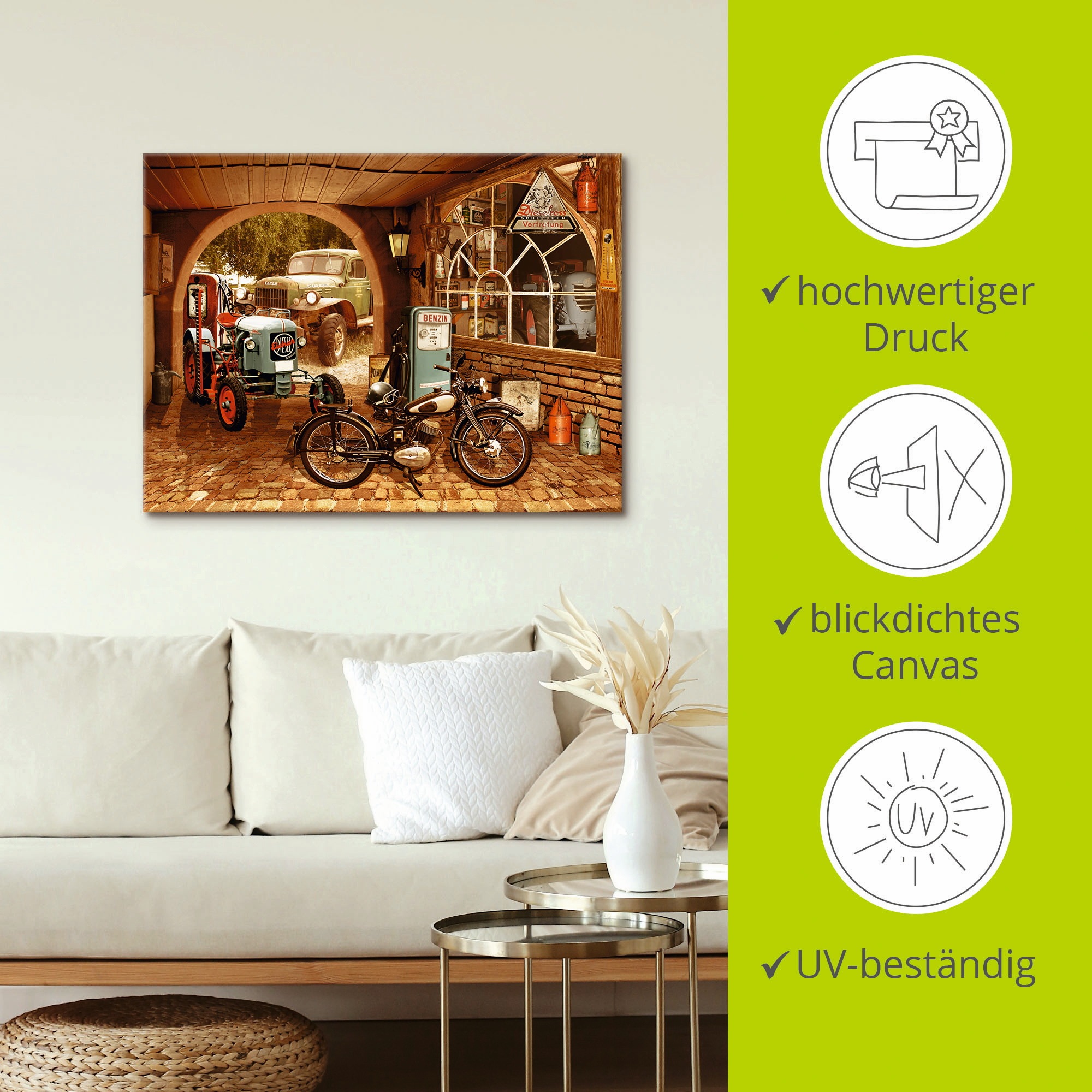 Artland Wandbild »Werkstatt mit Traktor und Motorrad«, Traktoren, (1 St.), als Alubild, Outdoorbild, Leinwandbild, Wandaufkleber, versch. Größen