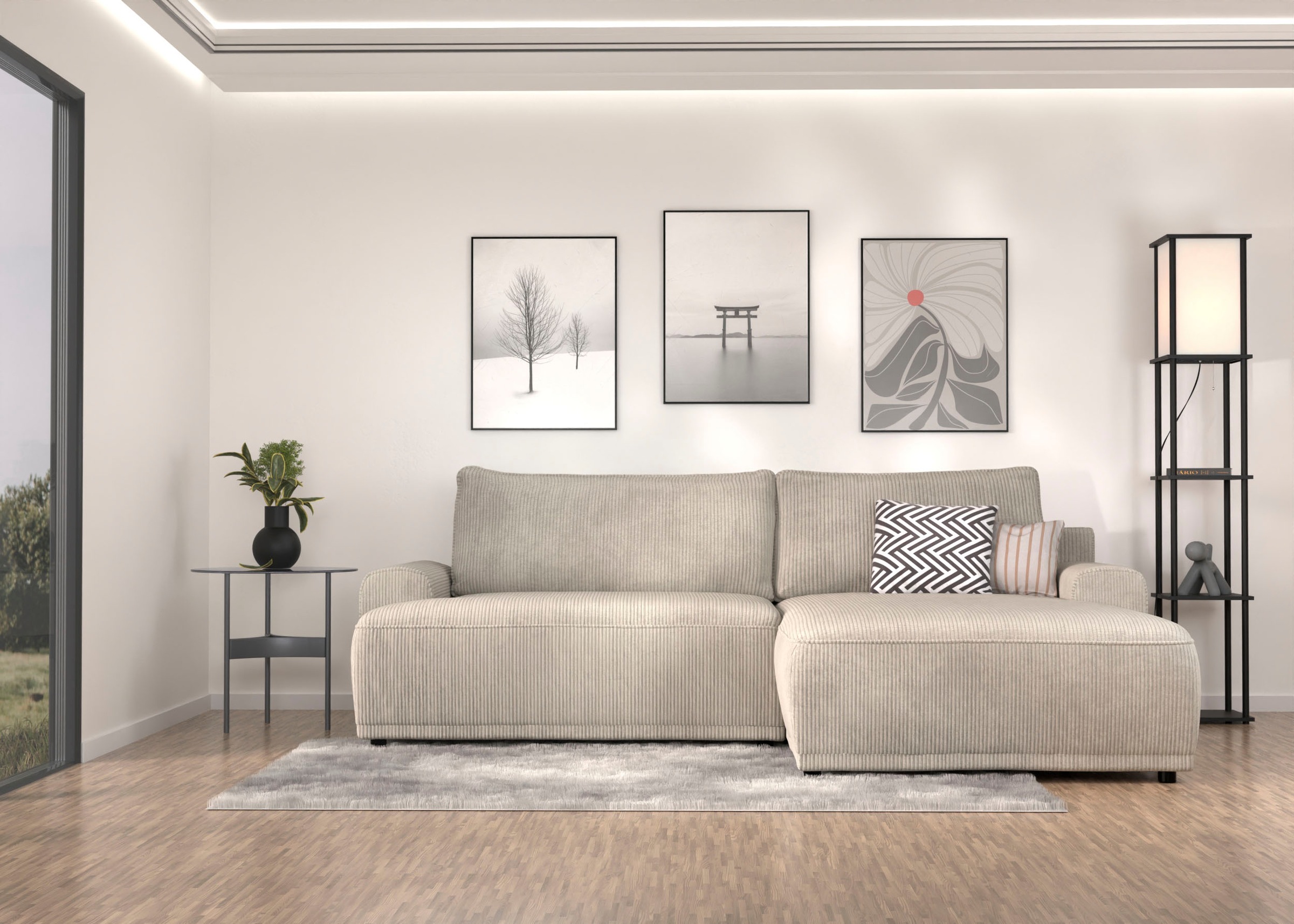 TRENDMANUFAKTUR Ecksofa »Fordon, Schlafsofa mit Bettkasten, Couch in L-Form, Breite 250 cm«, in Cordstoff HYPER, cream, Recamiere rechts