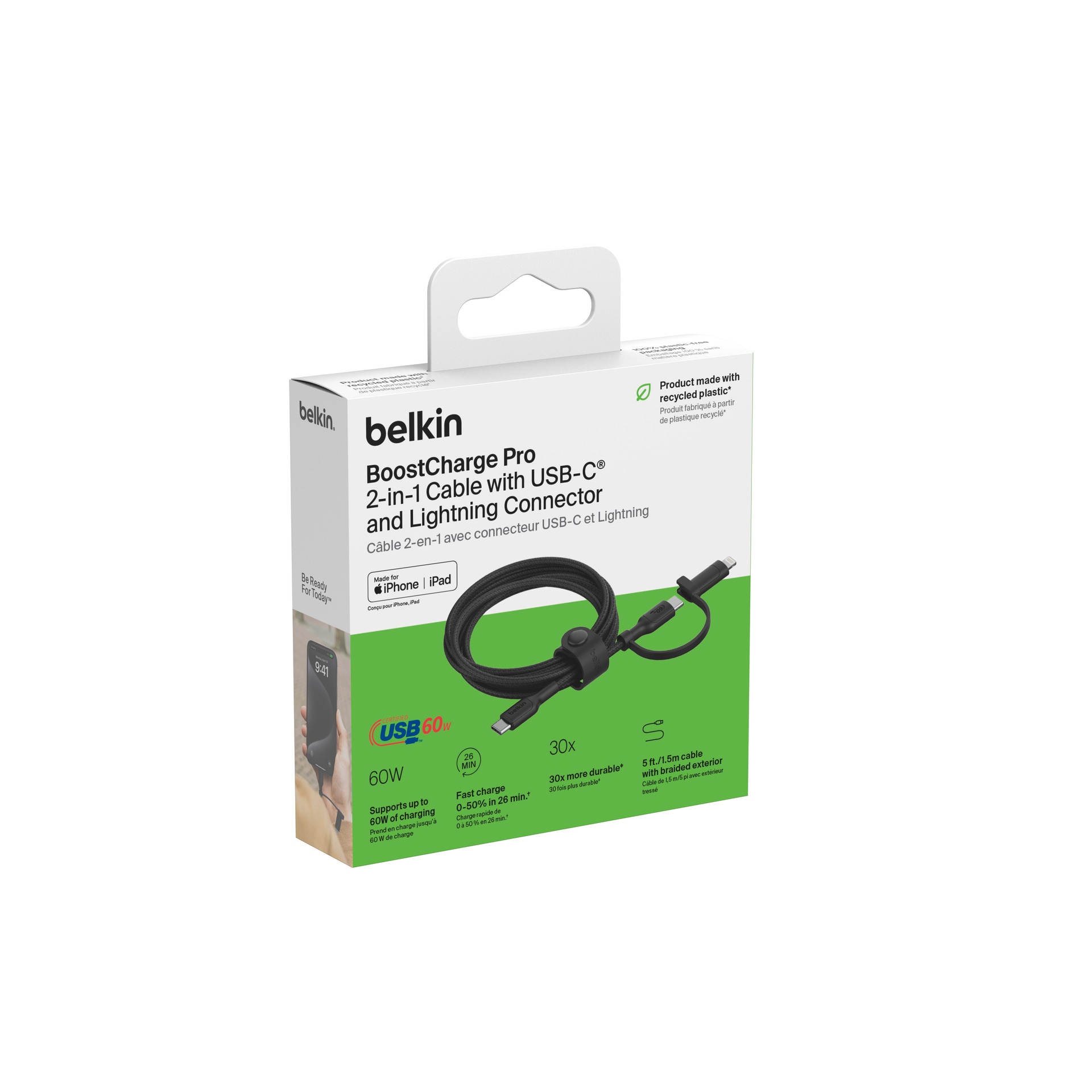 Belkin Lightningkabel »BoostCharge Pro 2-in-1-Kabel mit USB-C-Stecker und Lightning Connector« Lightning | USB-C 150 cm geflochtene Ummantelung, USB-IF und MFi-zertifiziert
