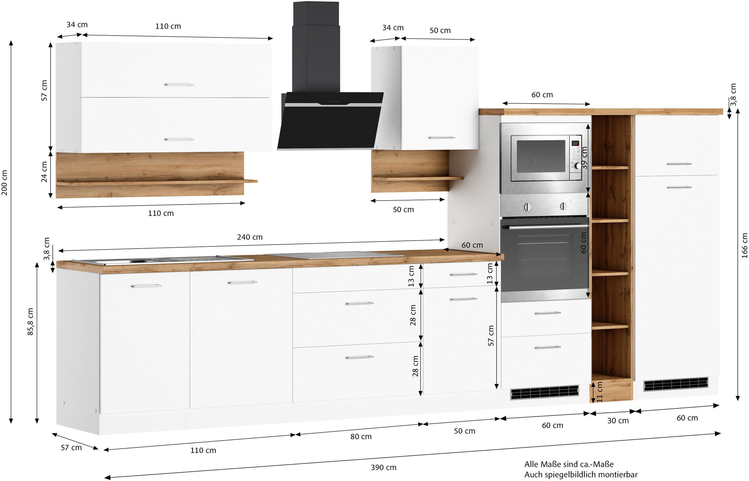KOCHSTATION Küchenzeile »KS-Milan« 390 cm breit, viel Stauraum, wahlweise mit E-Geräten