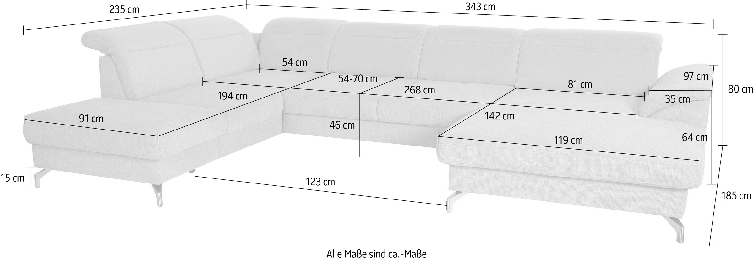 sit&more Wohnlandschaft »Percy U-Form« 12 cm Fußhöhe, Sitztiefenverstellung, wahlweise in 2 Fußfarben