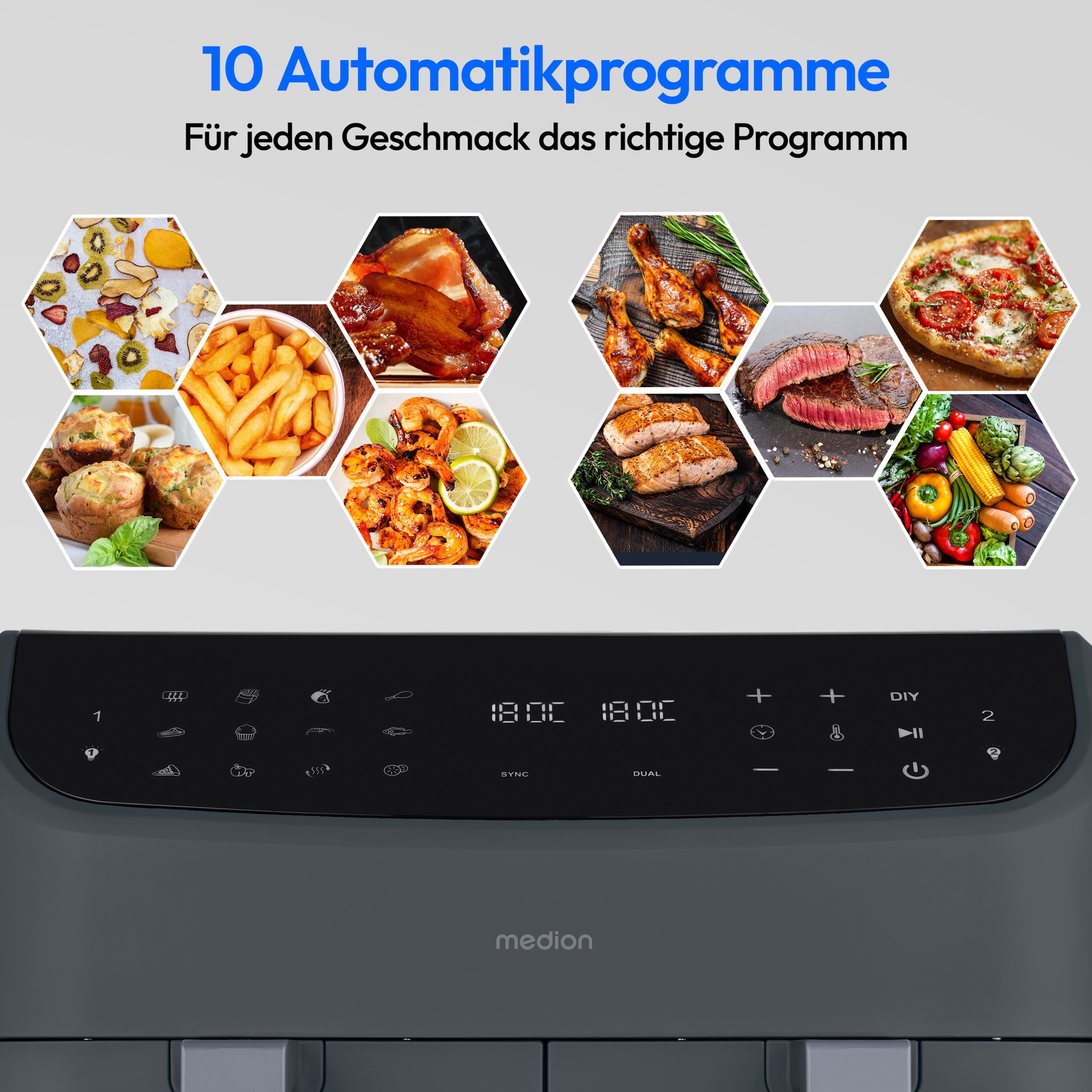 Medion® Heißluftfritteuse »MD 11760 P20XXL Twin« 2400 W Temperatur 50 - 200 °C, ILAG Beschichtung, Sync-Finish