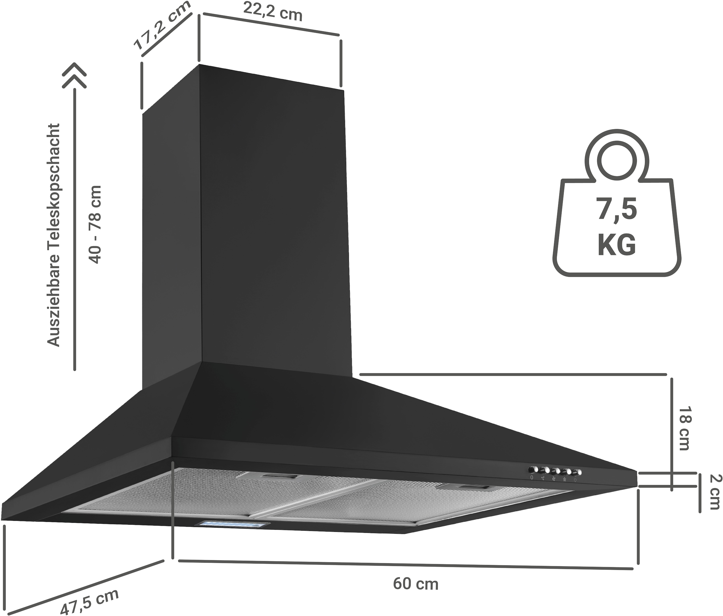 RESPEKTA Kaminhaube »CH 22055 SA«, 60 cm, 3 Leistungsstufen, LED-Beleuchtung, Ab- und Umluftfähig