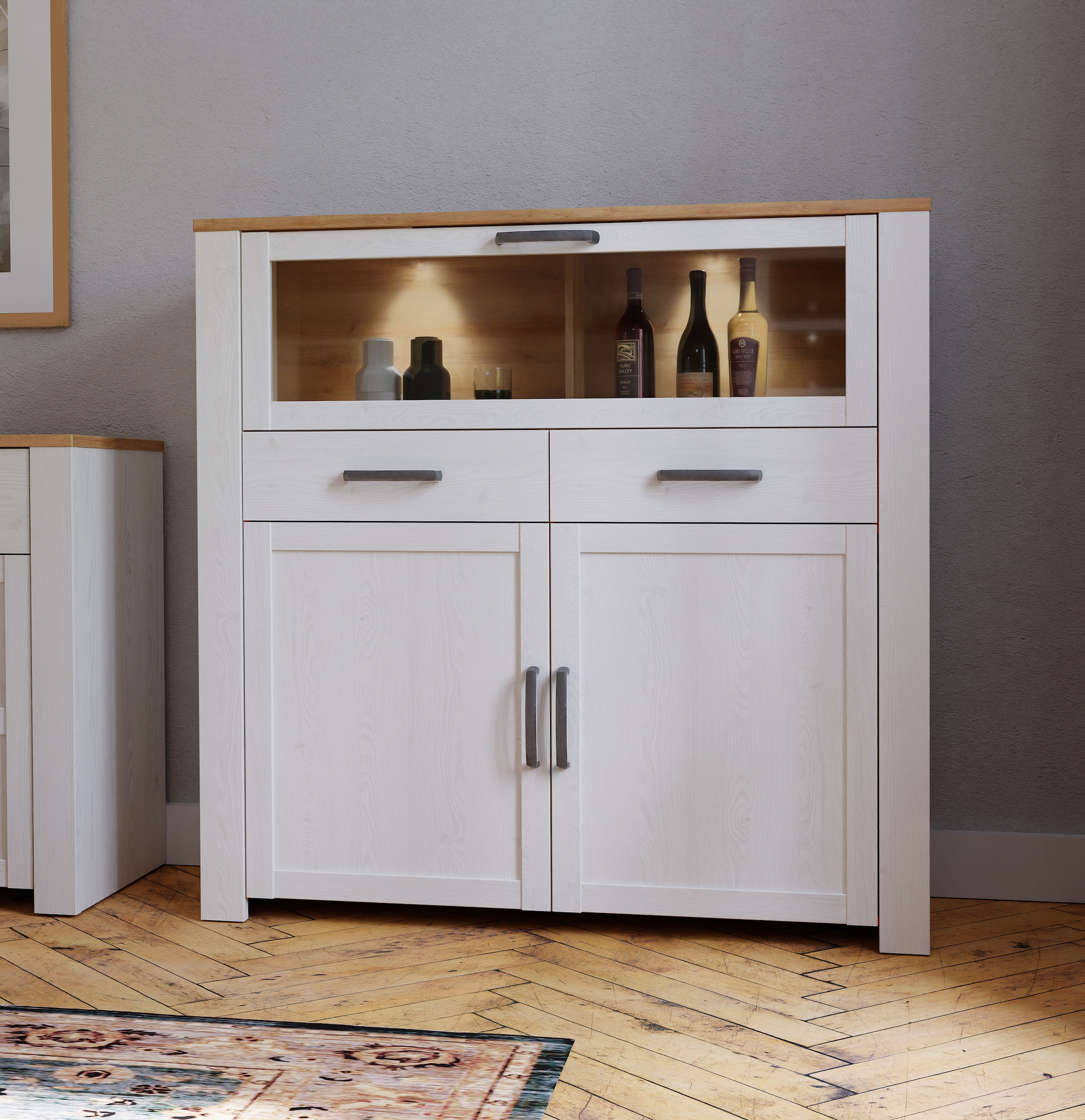 FORTE Highboard »Bohol, kleines Highboard, Klappe mit Glas, 2SK, 2Türen« B/H/T 126,4/125,4/42 cm Beleuchtung optional bestellbar
