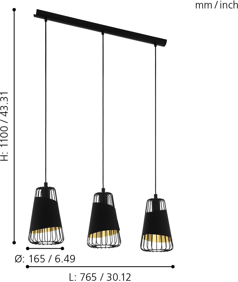 EGLO Pendelleuchte »AUSTELL«, 3 flammig, Leuchtmittel E27 | ohne Leuchtmittel, schwarz / L76,5 x H110 x B16,5 cm / Esstisch / Küche