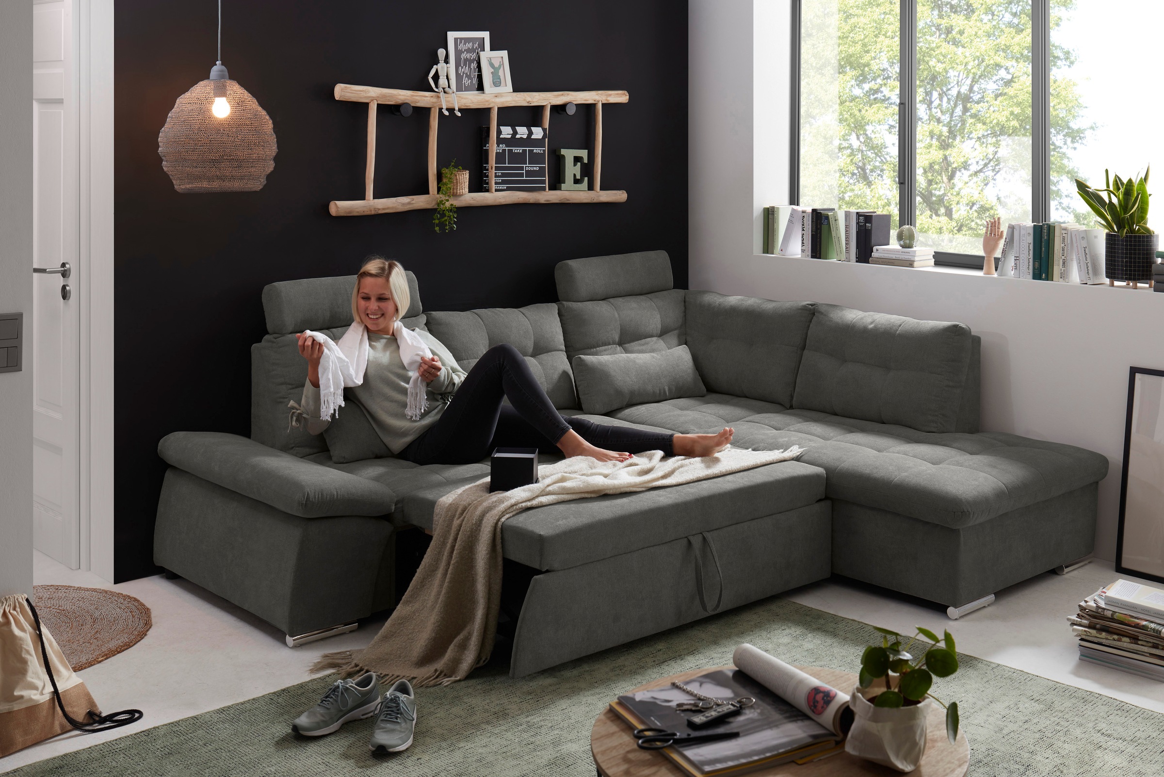 ED EXCITING DESIGN Ecksofa »Nalo L-Form«, mit Bettfunktion, Armteilverstellung, Kopfstützen & 2 Nierenkissen
