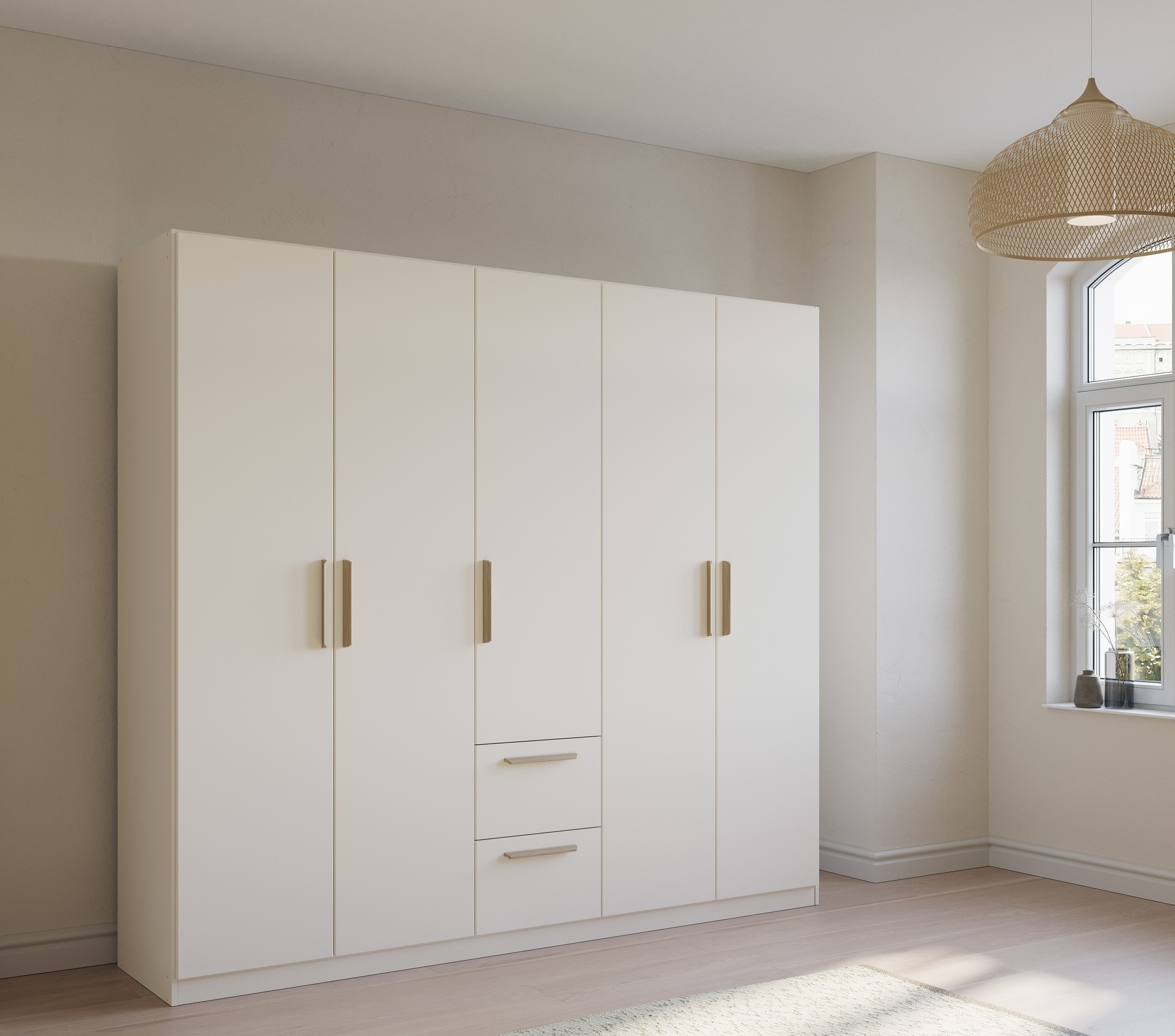 rauch Kleiderschrank »Skandi by Quadra Spin Schlafzimmerschrank«, im Landhaus-Stil mit Massivholzgriffen aus Wildeiche, mit Schubladen