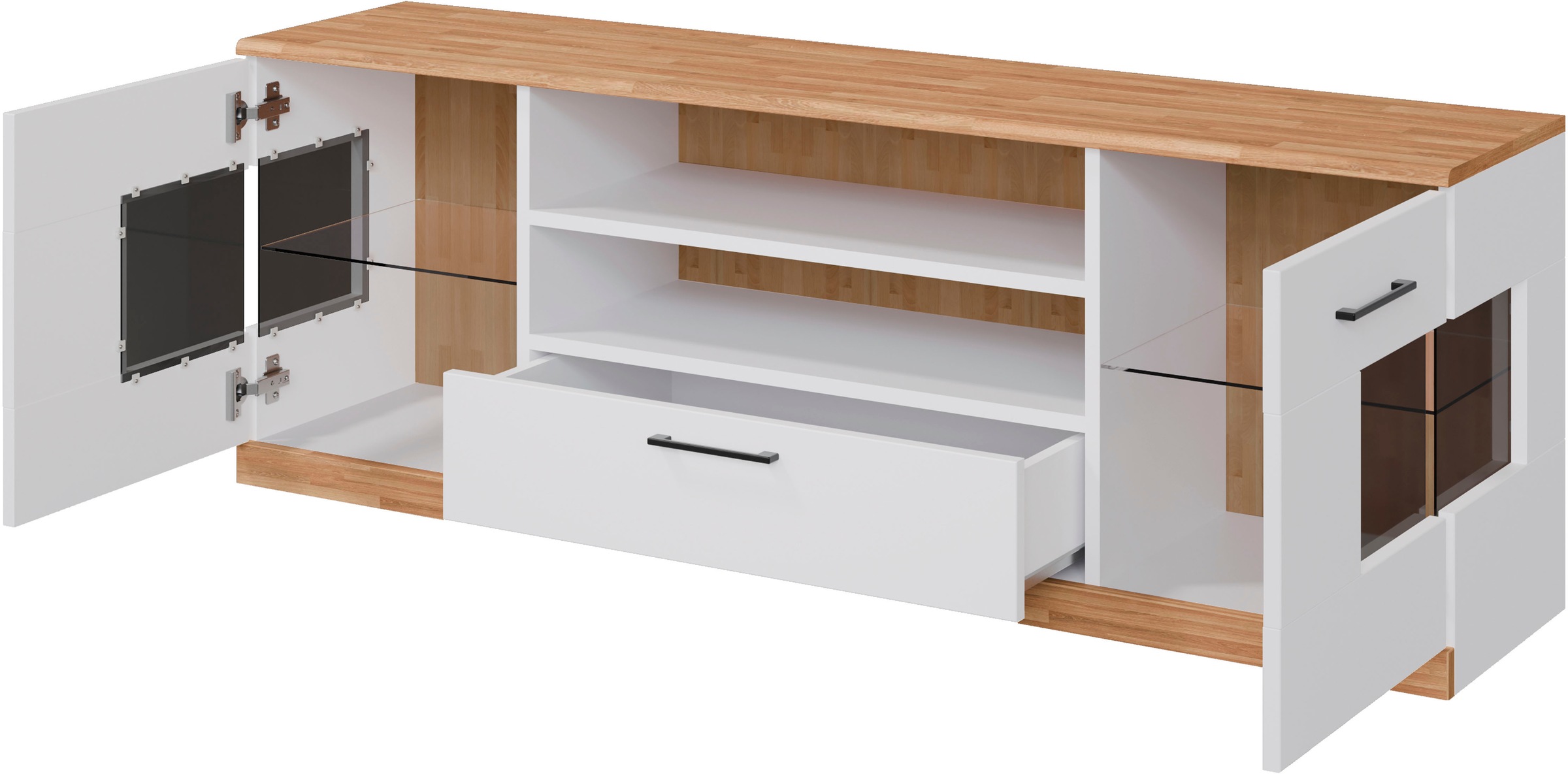 Home affaire Lowboard »Ribe,160cm breit,55cm hoch,Oberplatte massiv«, Oberplatte Massivholz,schwarze Metall Griffe,2 Türen mit Glaseinsatz