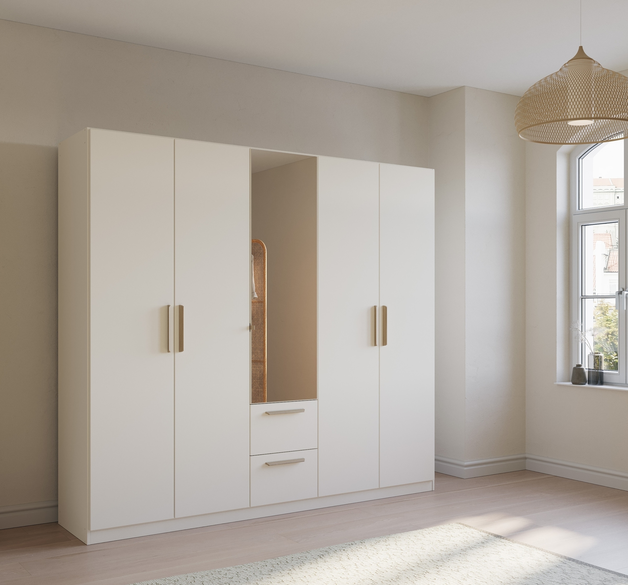 rauch Kleiderschrank »Skandi by Quadra Spin Schlafzimmerschrank«, im Landhaus-Stil mit Massivholzgriffen, mit Schubladen und Spiegel