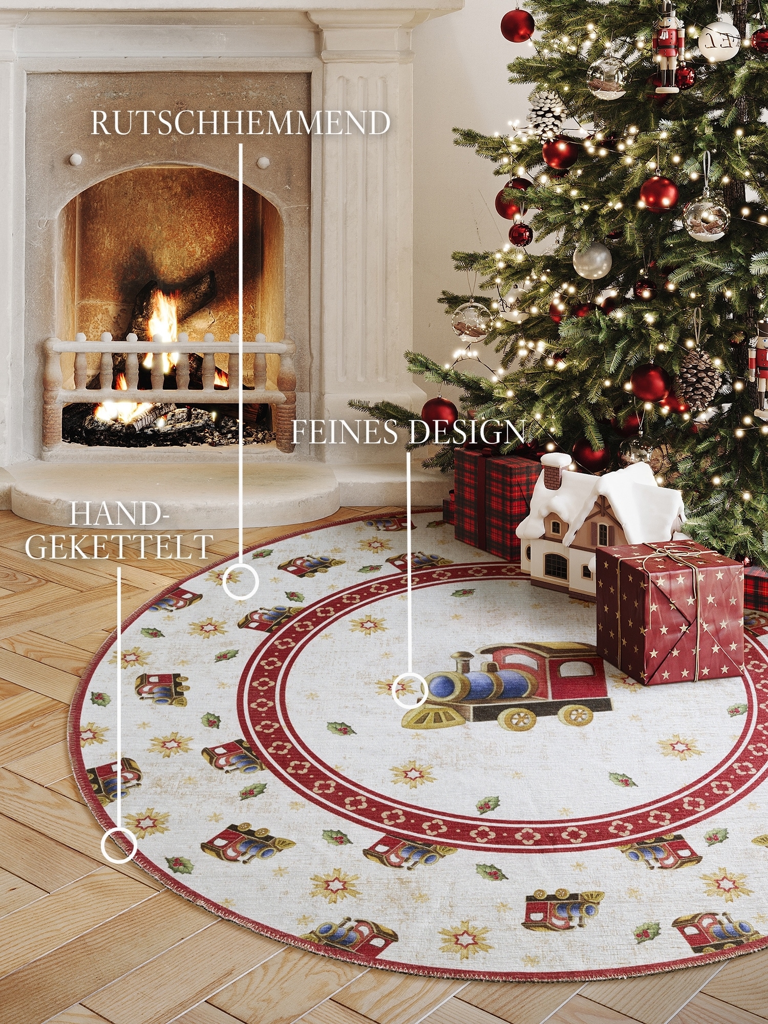 Villeroy & Boch Teppich »Toy's Delight Limited Edition Christmas Train«, rund, 3 mm Höhe, Limited Edition, Weihnachten, Wohnzimmer, Baumrock, Waschbar, Rund
