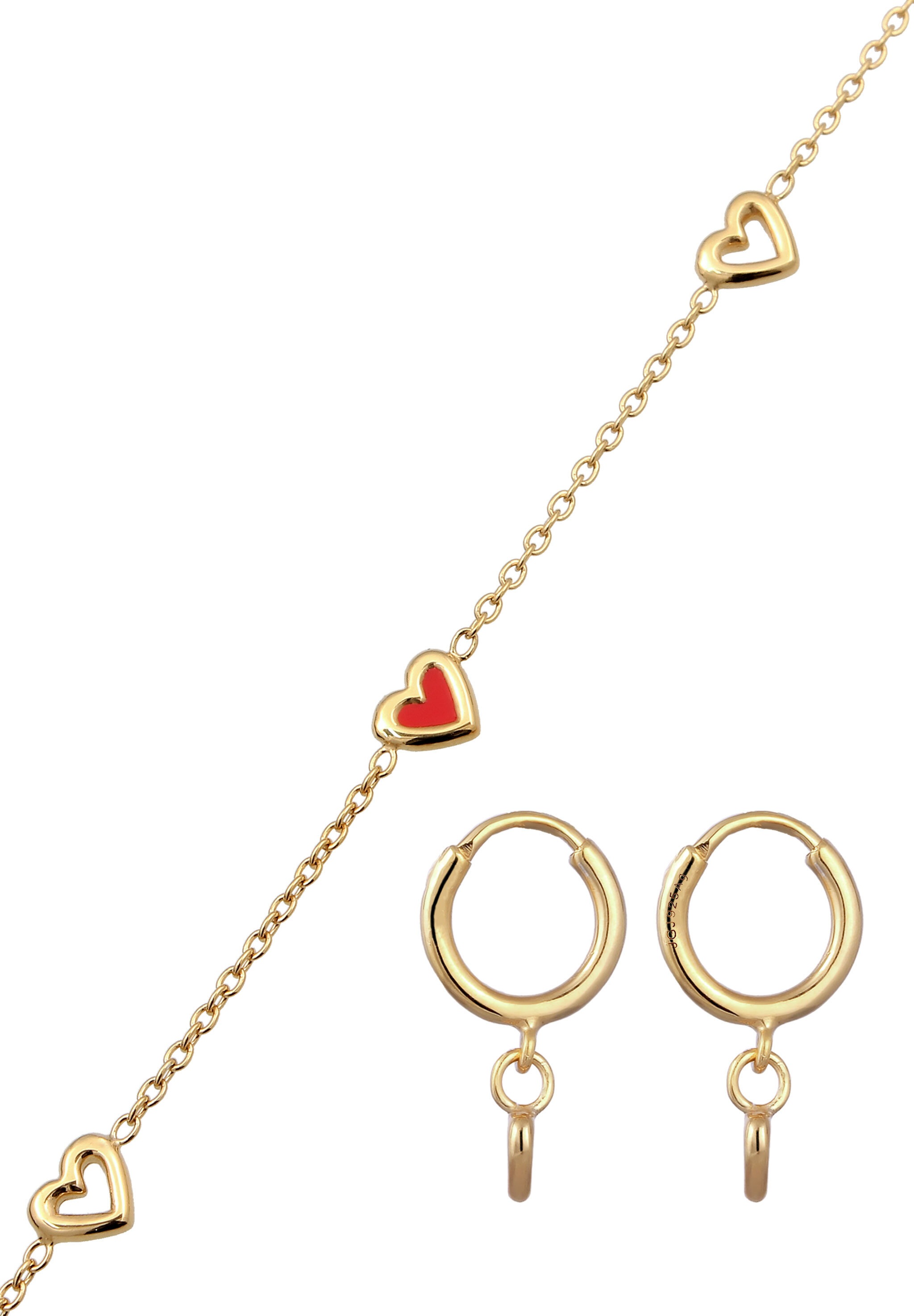 Elli Ohrring und Ketten Set »Schmuckset Herz Emaille Rot 925 Sterling Silber vergoldet« ()