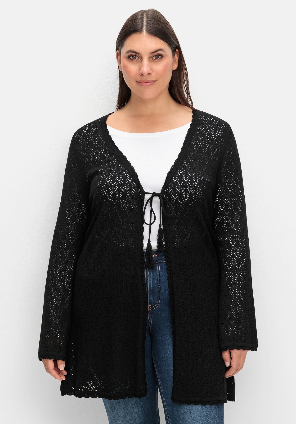 Longstrickjacke »Lange Ajour-Strickjacke mit leicht transparentem Ajourstrickmuster«,...