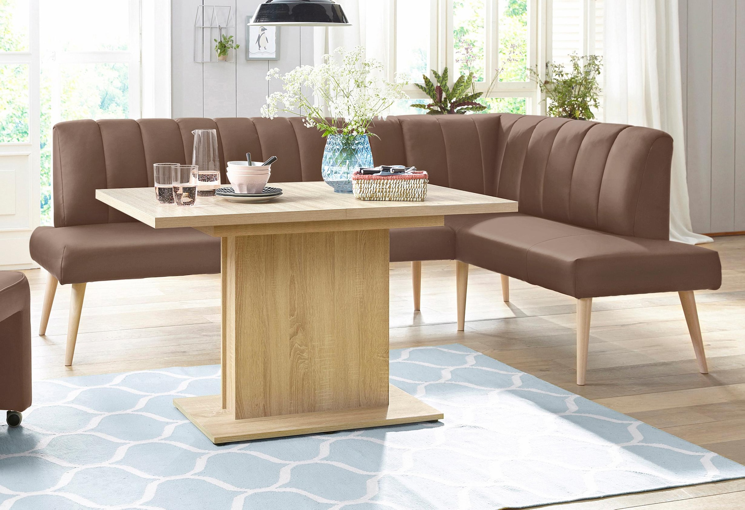 exxpo - sofa fashion Eckbank »Costa, moderne Rückensteppung, bequem und elegant, hoher Holzfuß«, hochwertig verarbeitet, Frei im Raum stellbar