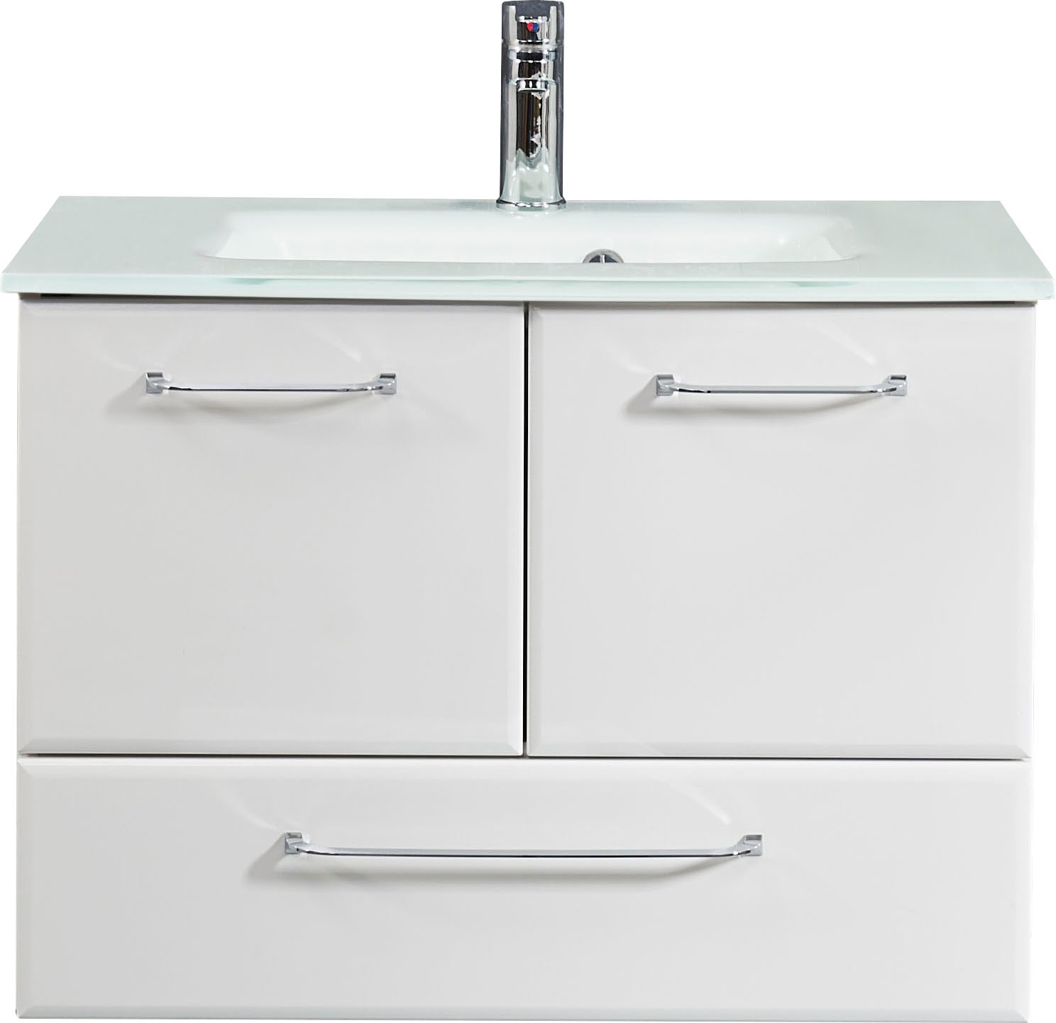Saphir Waschtisch »Quickset Glaswaschtisch mit Unterschrank, 74 cm breit, Waschplatz«, Griffe in Chrom Glanz, inkl. Türdämpfer, 2 Türen, 1 Schublade