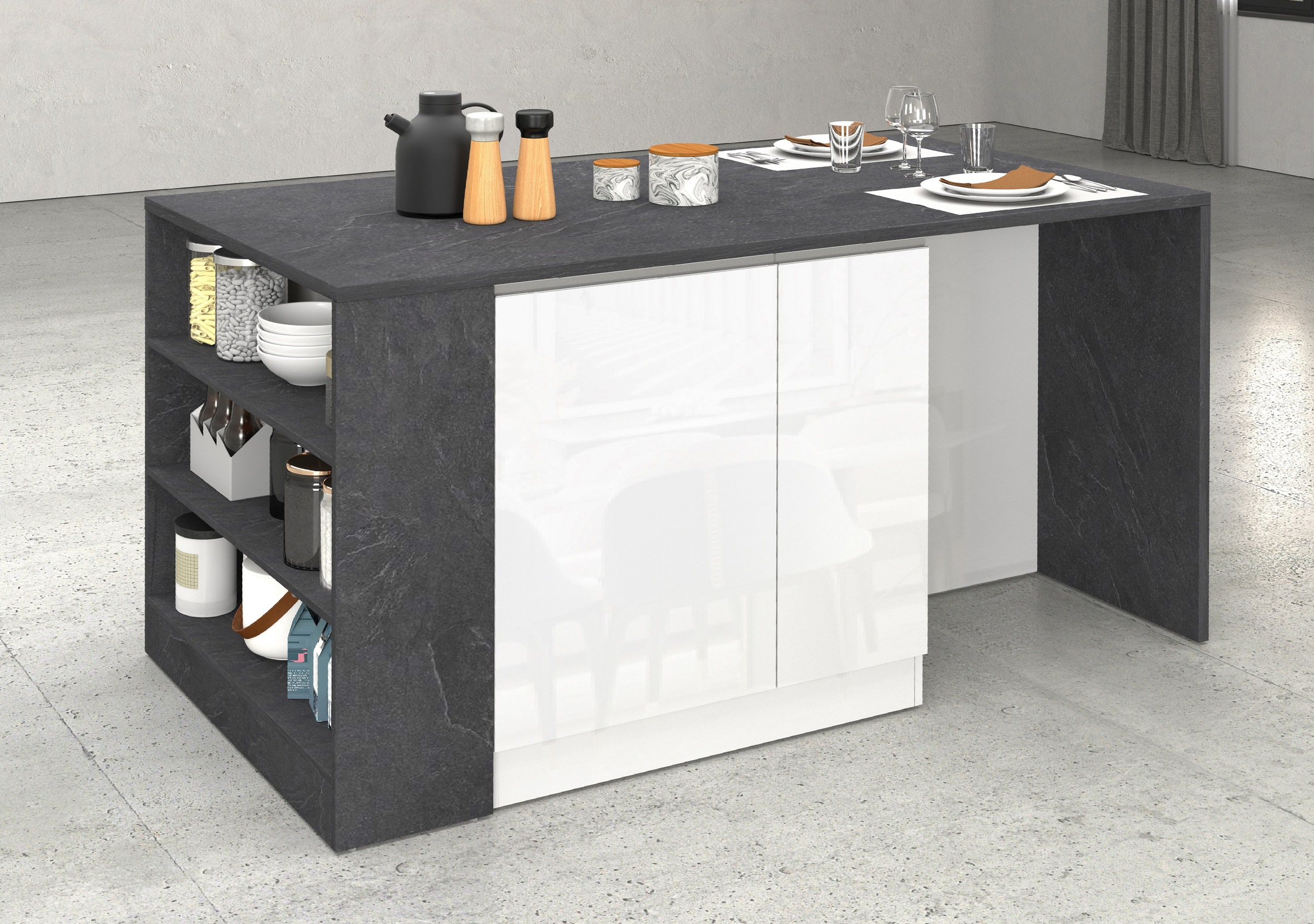 KOCHSTATION Kücheninsel »KS-Sole, Kochinsel, Küchenarbeitsblock, Arbeitsinsel, Made in Italy«, Breite 167,5 cm, 2 Apothekerauszüge, 2 Essplätze, 1 offenes Regal