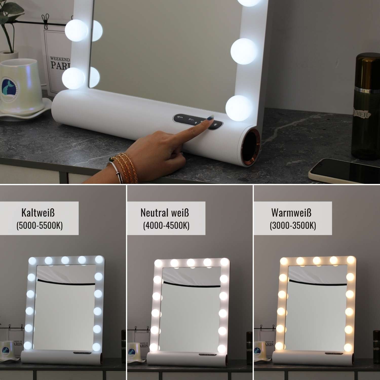 Loevschall Schminkspiegel »Anna Hollywood Spiegel mit LED-Beleuchtung & Bluetooth-Lautsprecher« Wand- oder Standnutzung, Memory-Funktion & 30-Min-Autoschalt