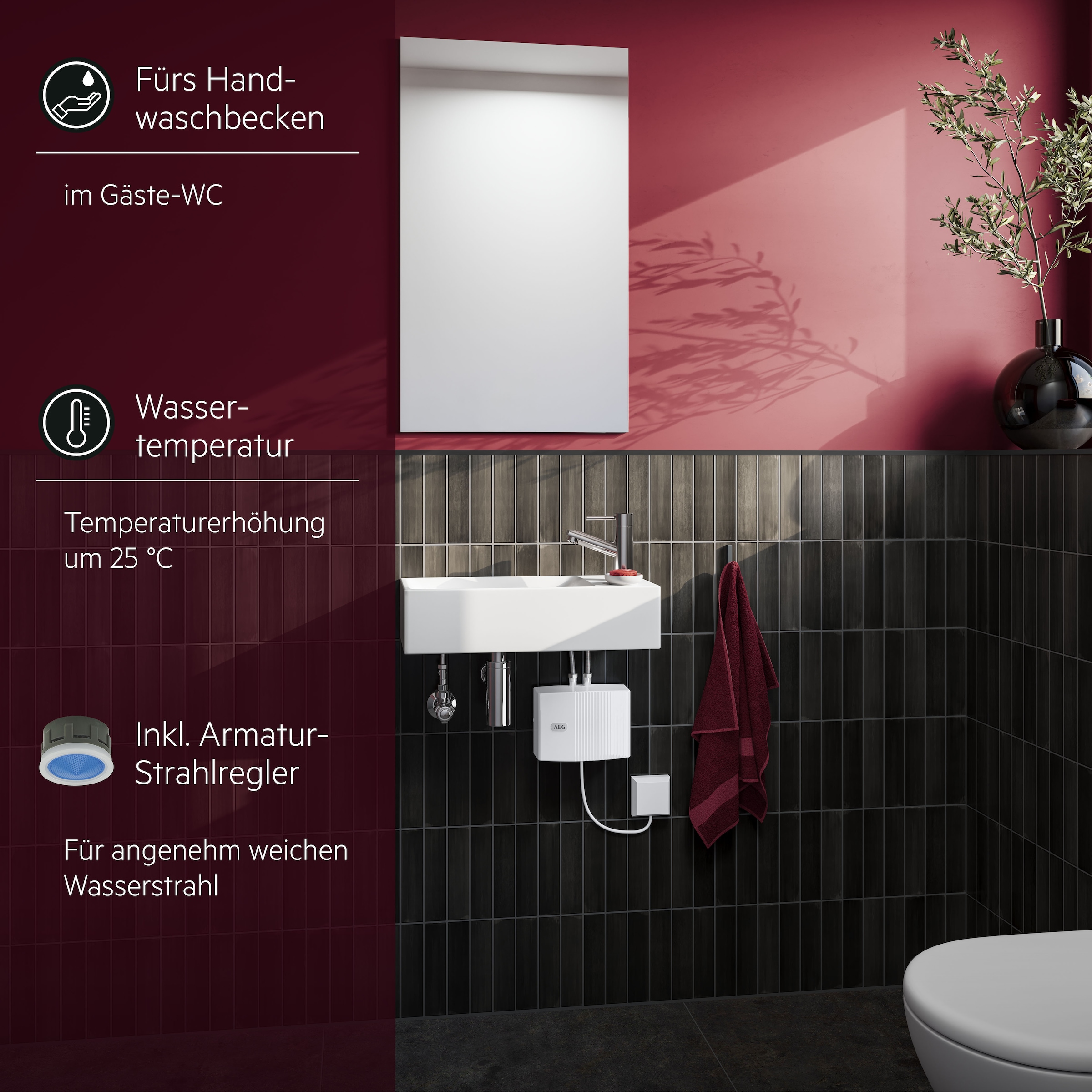 AEG Haustechnik Klein-Durchlauferhitzer »MTD 650 f. Handwaschbecken, 6,5 kW, o. Stecker« Festanschluss 230V, hydraulisch, druckfest + drucklos