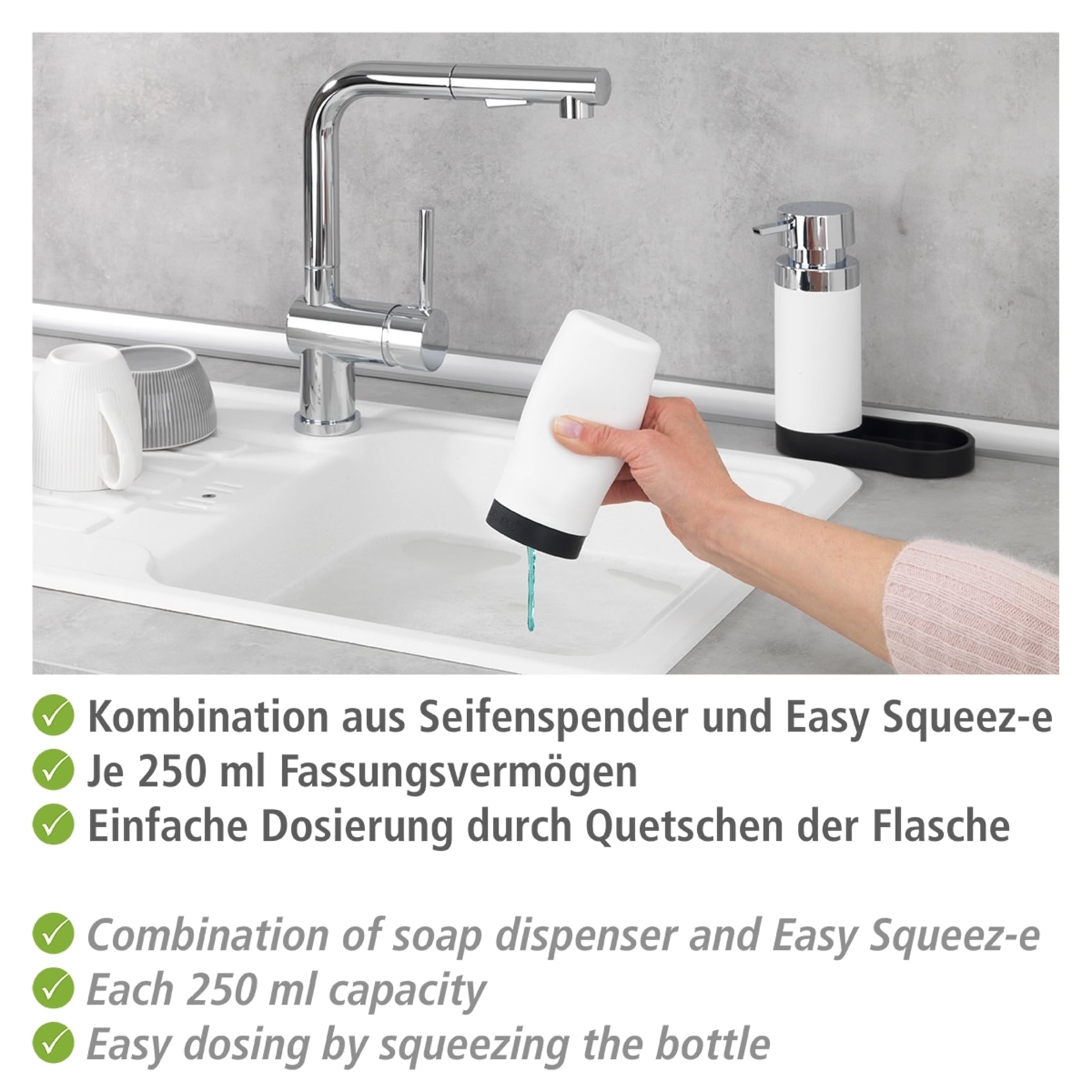 WENKO Spülmittelspender »Modell Easy Squeez-e«, Spülstation, Spülmittel- und Seifenspender aus Silikon, je 250 ml