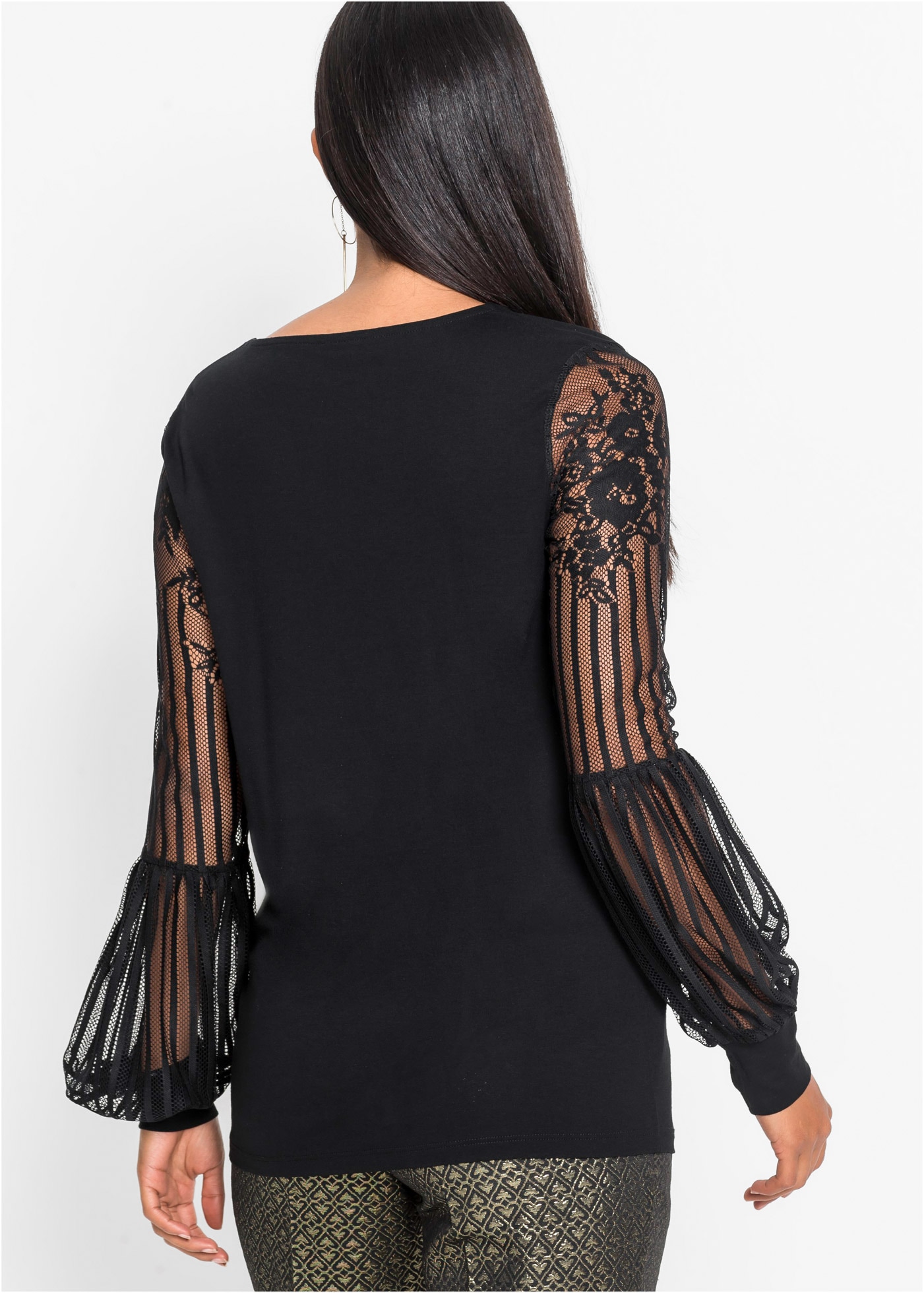 bonprix Langarmshirt »Langarmshirt aus Viskose-Mix« figurumspielende Passform, Ballon-Ärmel aus Spitze, aus Viskose-Mix