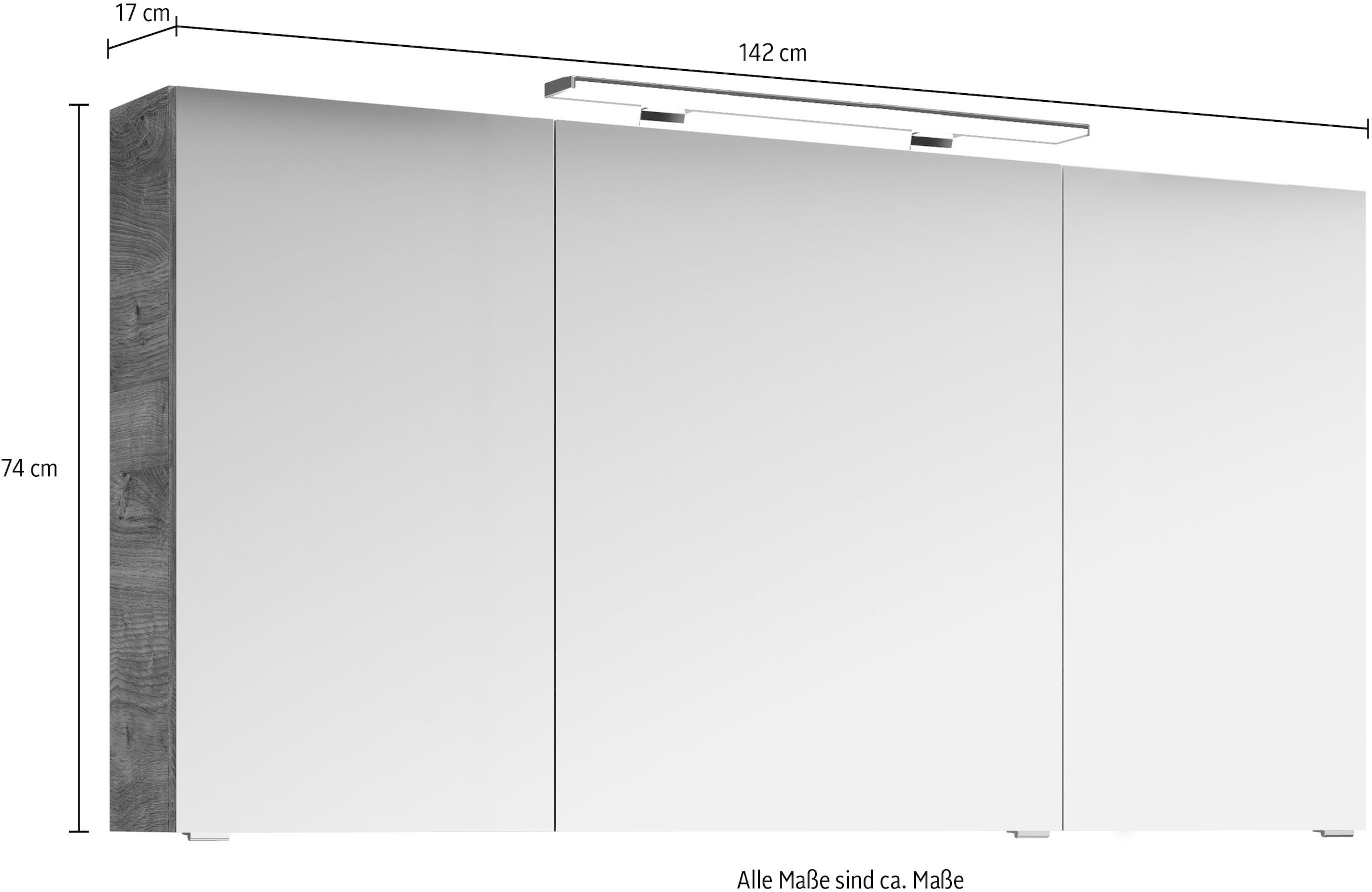 Saphir Badezimmerspiegelschrank »Serie 4010 Badezimmer-Spiegelschrank inkl. LED-Aufsatzleuchte«, Badschrank 140 cm breit, 3 Türen, 6 Glas-Einlegeböden, inkl Türdämpfer