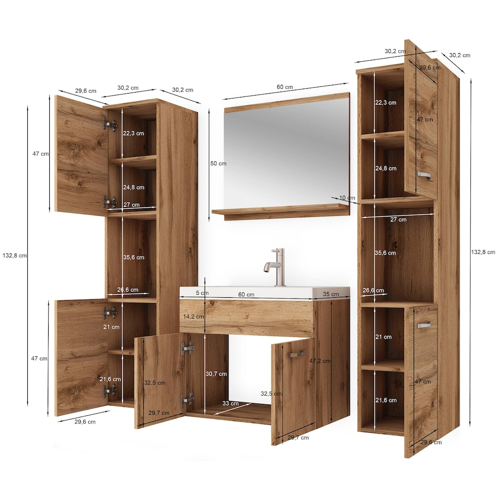 welltime Badmöbel-Set »Lorca«, (4 St.), Badezimmer Badmöbel Set Lorca XL 60cm Waschbecken Unterschrank