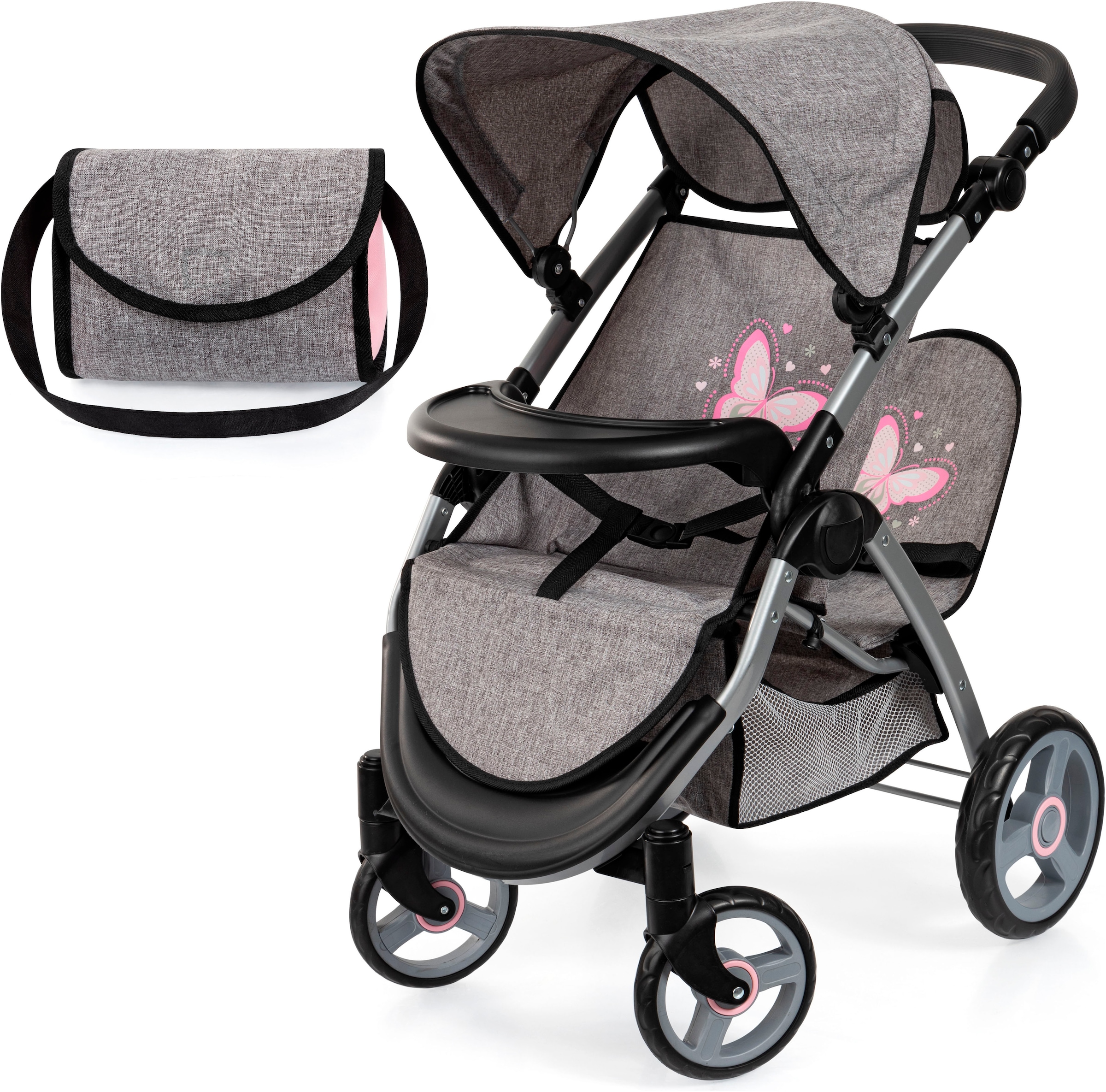 Puppen-Zwillingsbuggy »Twin Star, grau/rosa«, mit Wickeltasche